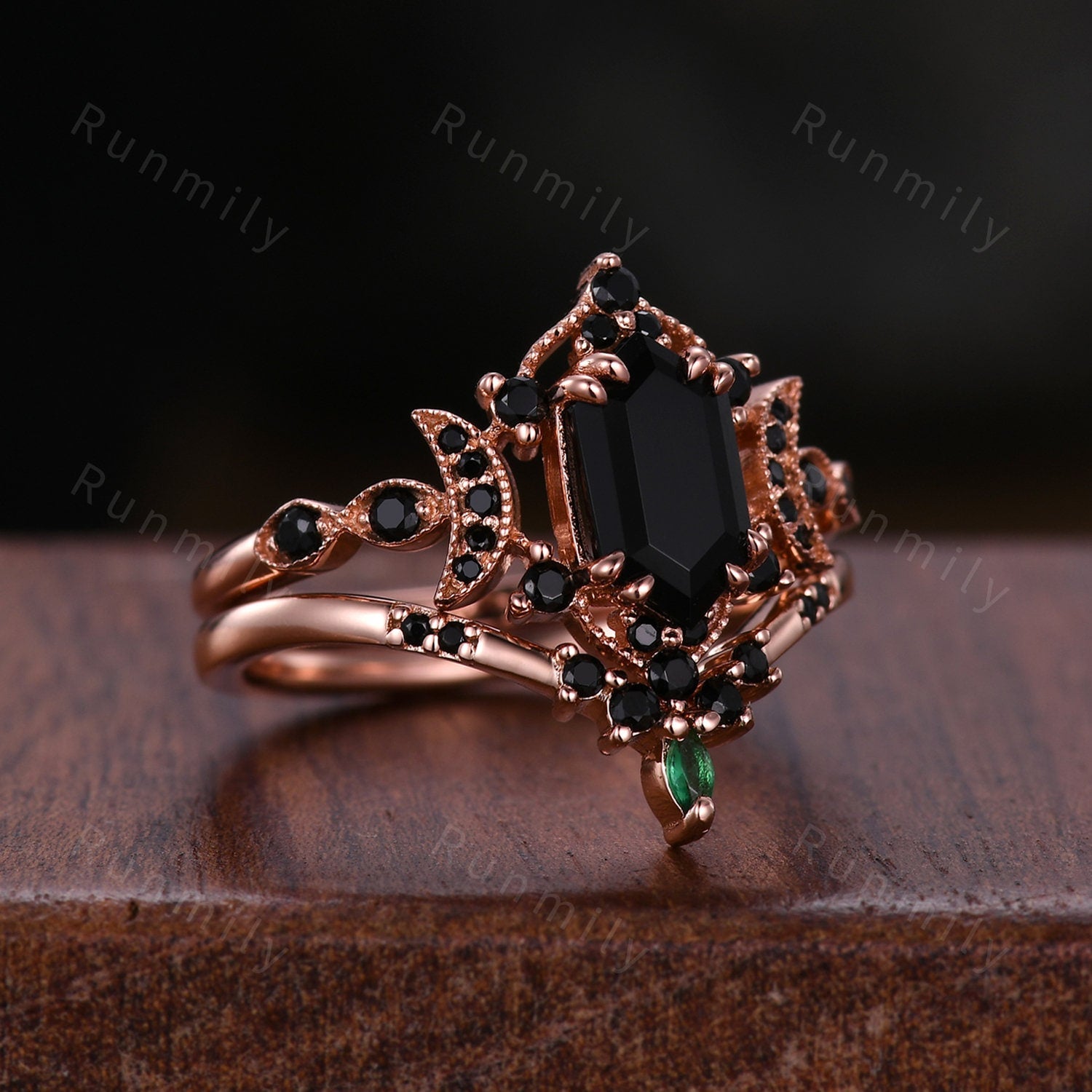 Vintage Hexagon Black Onyx Engagement Ring Set Rose Gold Crescent Moon Black Spinel Ring Unique Art Deco Bridal Wedding Ring Set Black Stone