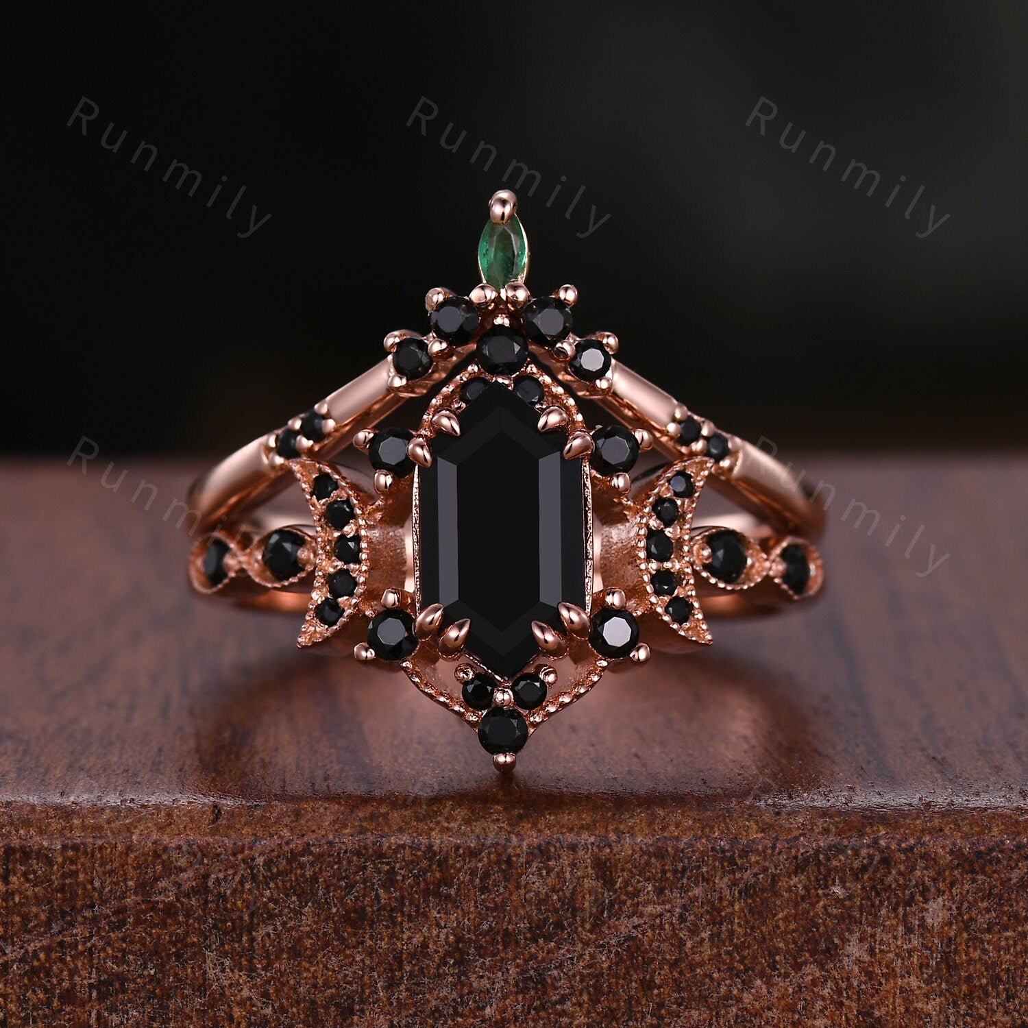 Vintage Hexagon Black Onyx Engagement Ring Set Rose Gold Crescent Moon Black Spinel Ring Unique Art Deco Bridal Wedding Ring Set Black Stone
