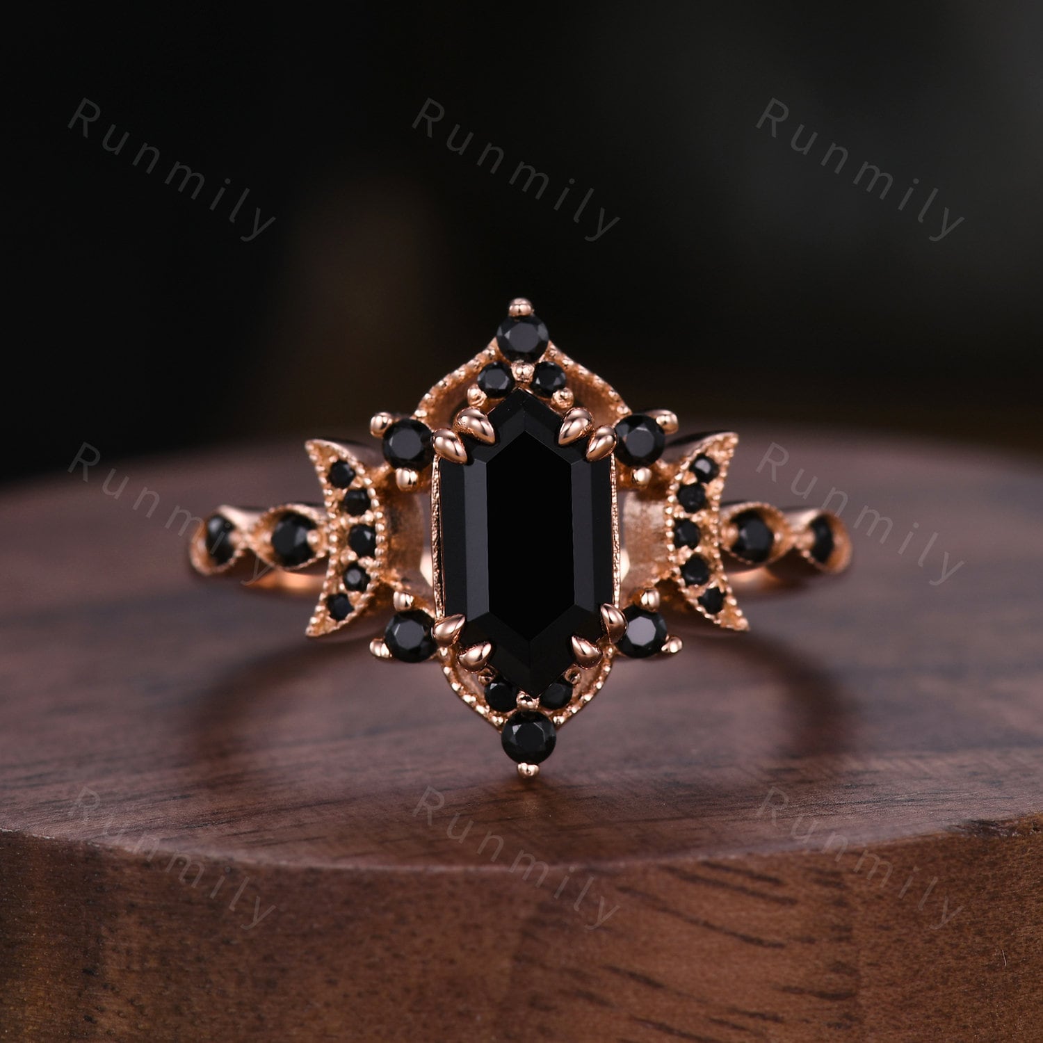 Vintage Hexagon Black Onyx Engagement Ring Set Rose Gold Crescent Moon Black Spinel Ring Unique Art Deco Bridal Wedding Ring Set Black Stone