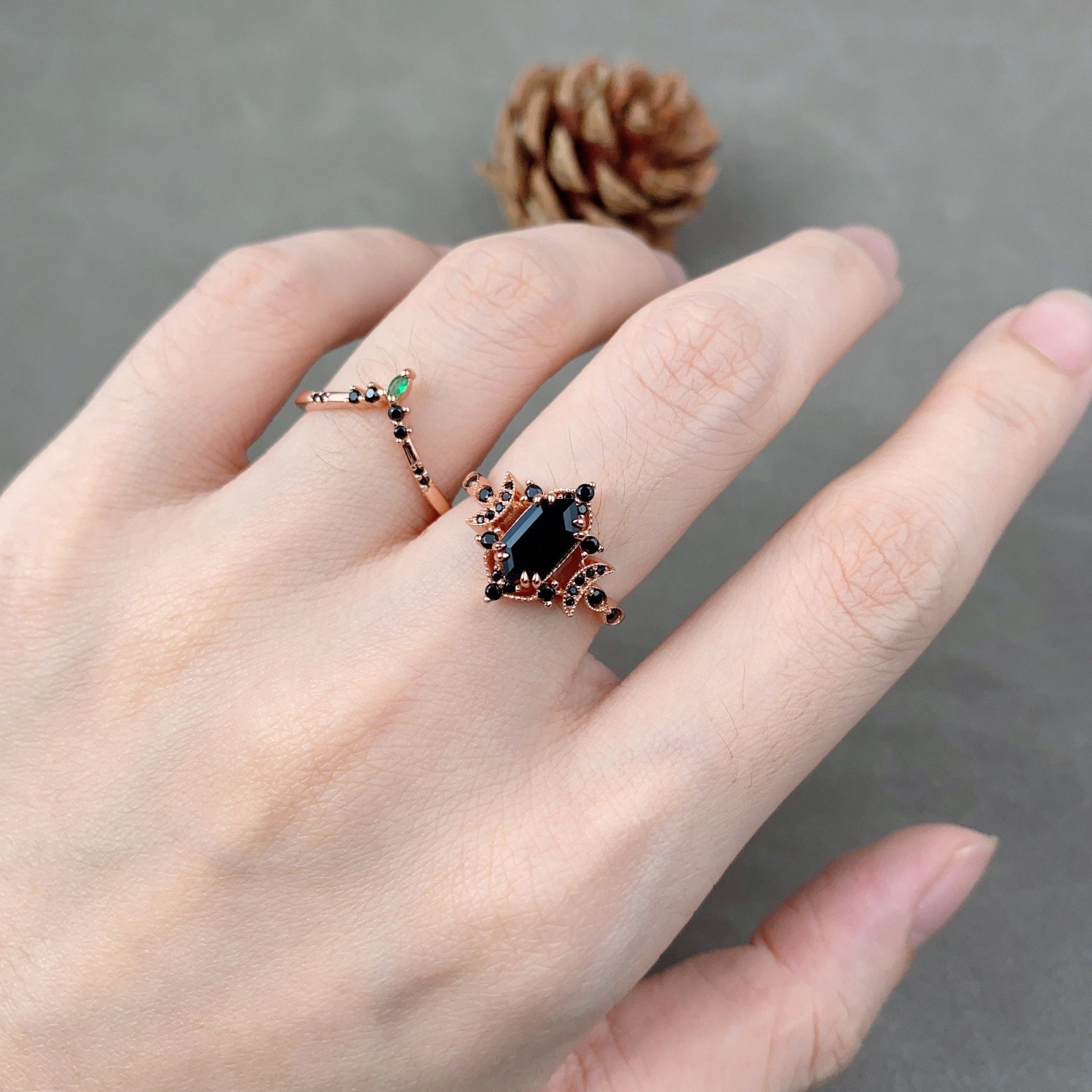 Vintage Hexagon Black Onyx Engagement Ring Set Rose Gold Crescent Moon Black Spinel Ring Unique Art Deco Bridal Wedding Ring Set Black Stone