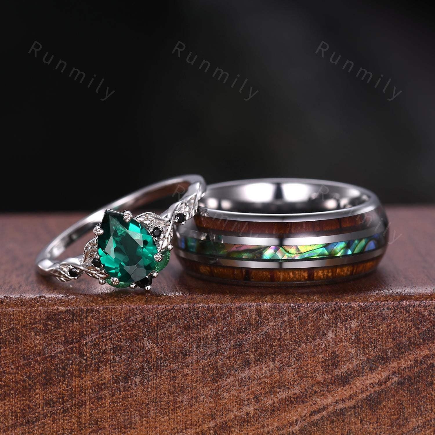 Pear cut Emerald Couple Ring Silver His and Hers Wedding Band Unique Mens Tungsten Band Matching Nature Inspired Ring Set Green Rings