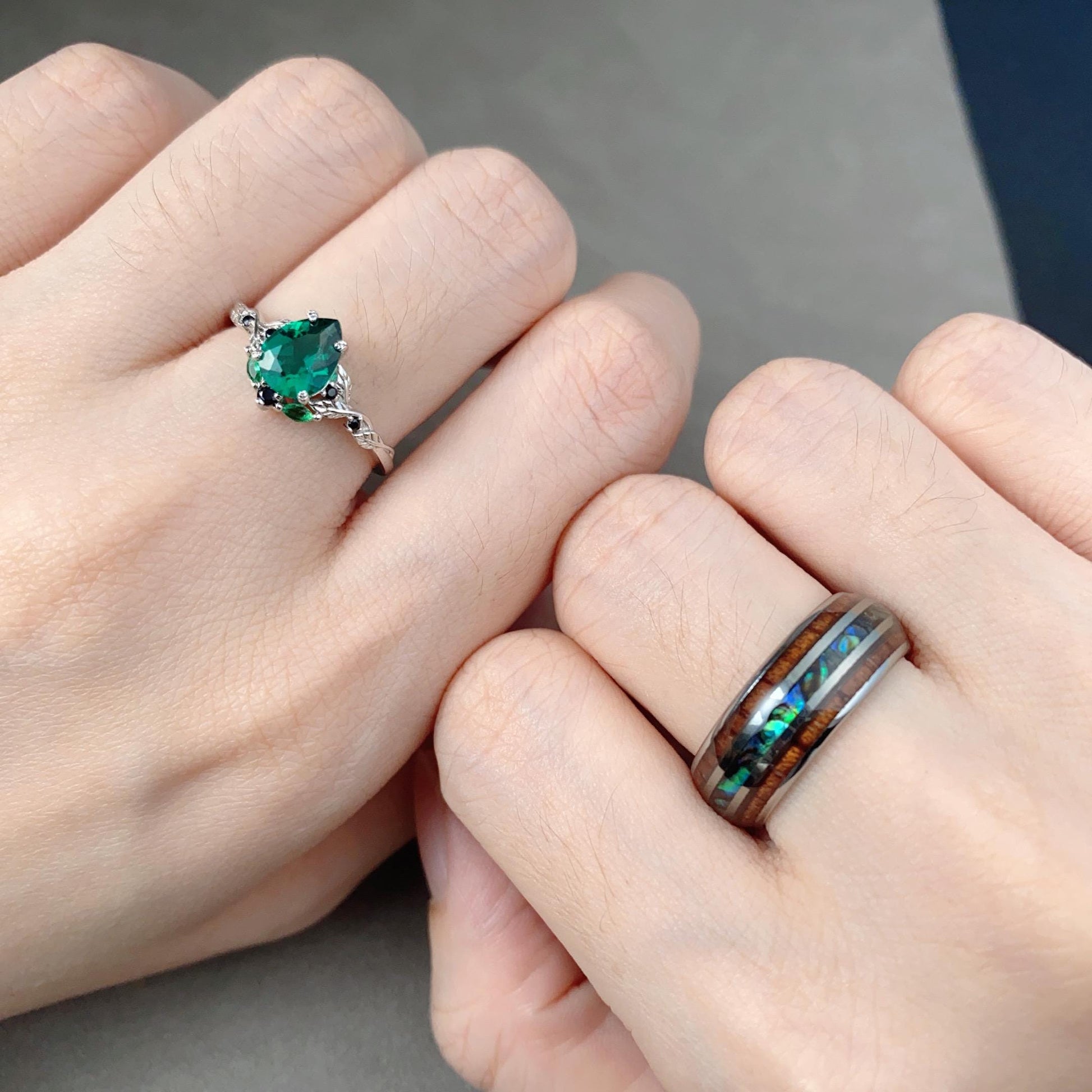 Pear cut Emerald Couple Ring Silver His and Hers Wedding Band Unique Mens Tungsten Band Matching Nature Inspired Ring Set Green Rings