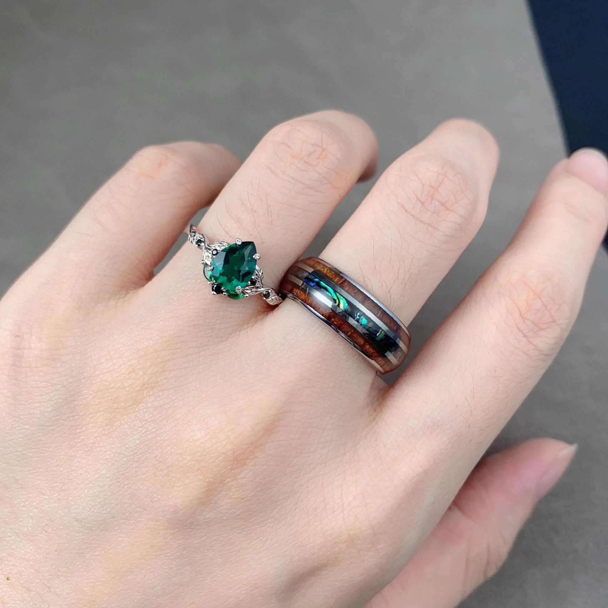 Pear cut Emerald Couple Ring Silver His and Hers Wedding Band Unique Mens Tungsten Band Matching Nature Inspired Ring Set Green Rings