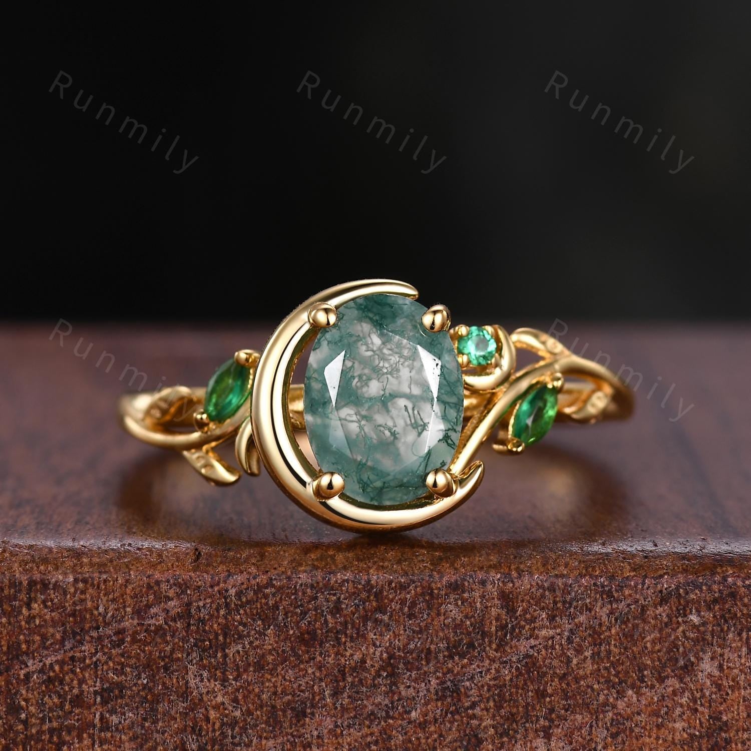 Nature Inspired Natural Moss Agate Couples Ring Yellow Gold Matching Ring Set His and Hers Wedding Band Moon Design Ring Mens Promise Ring