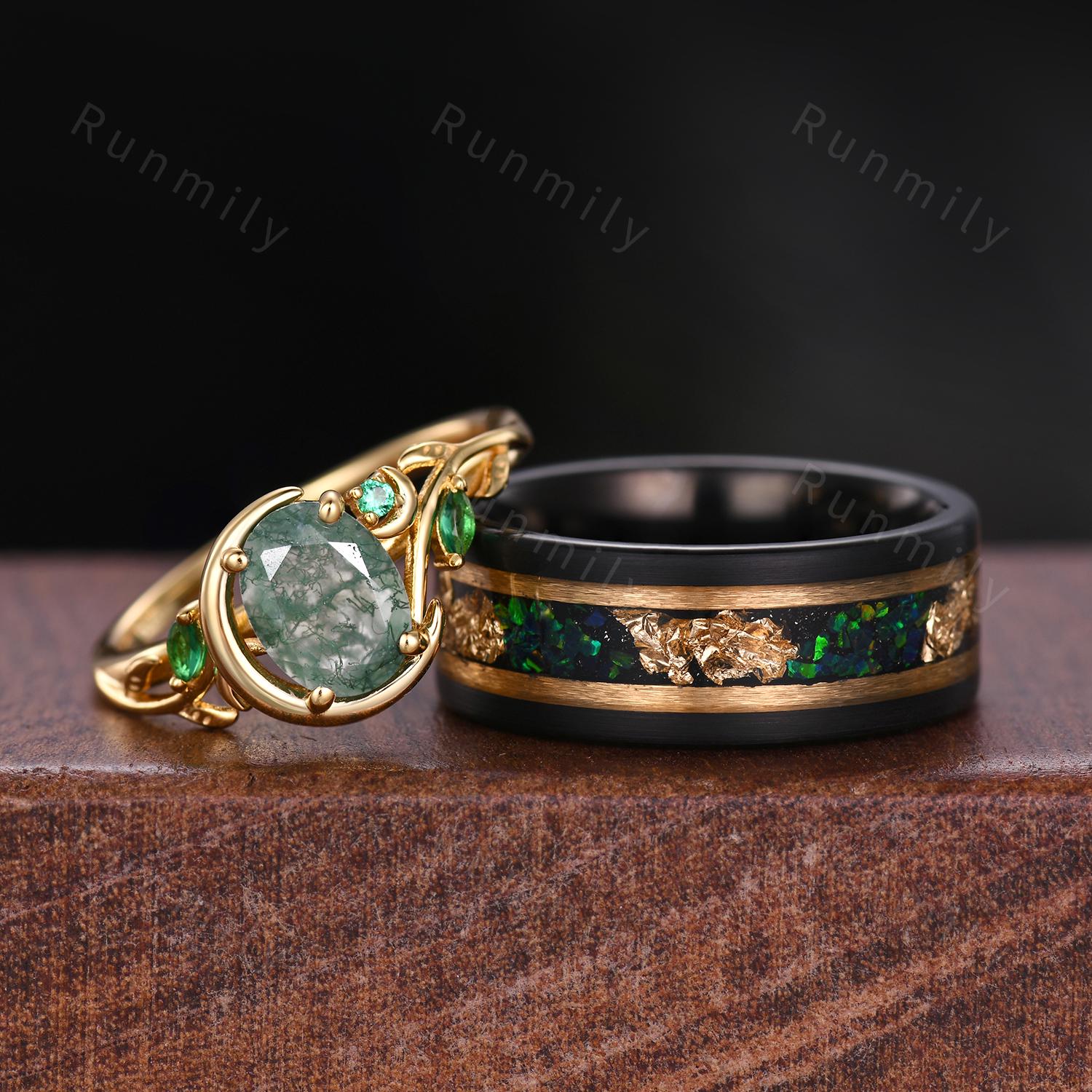 Nature Inspired Natural Moss Agate Couples Ring Yellow Gold Matching Ring Set His and Hers Wedding Band Moon Design Ring Mens Promise Ring