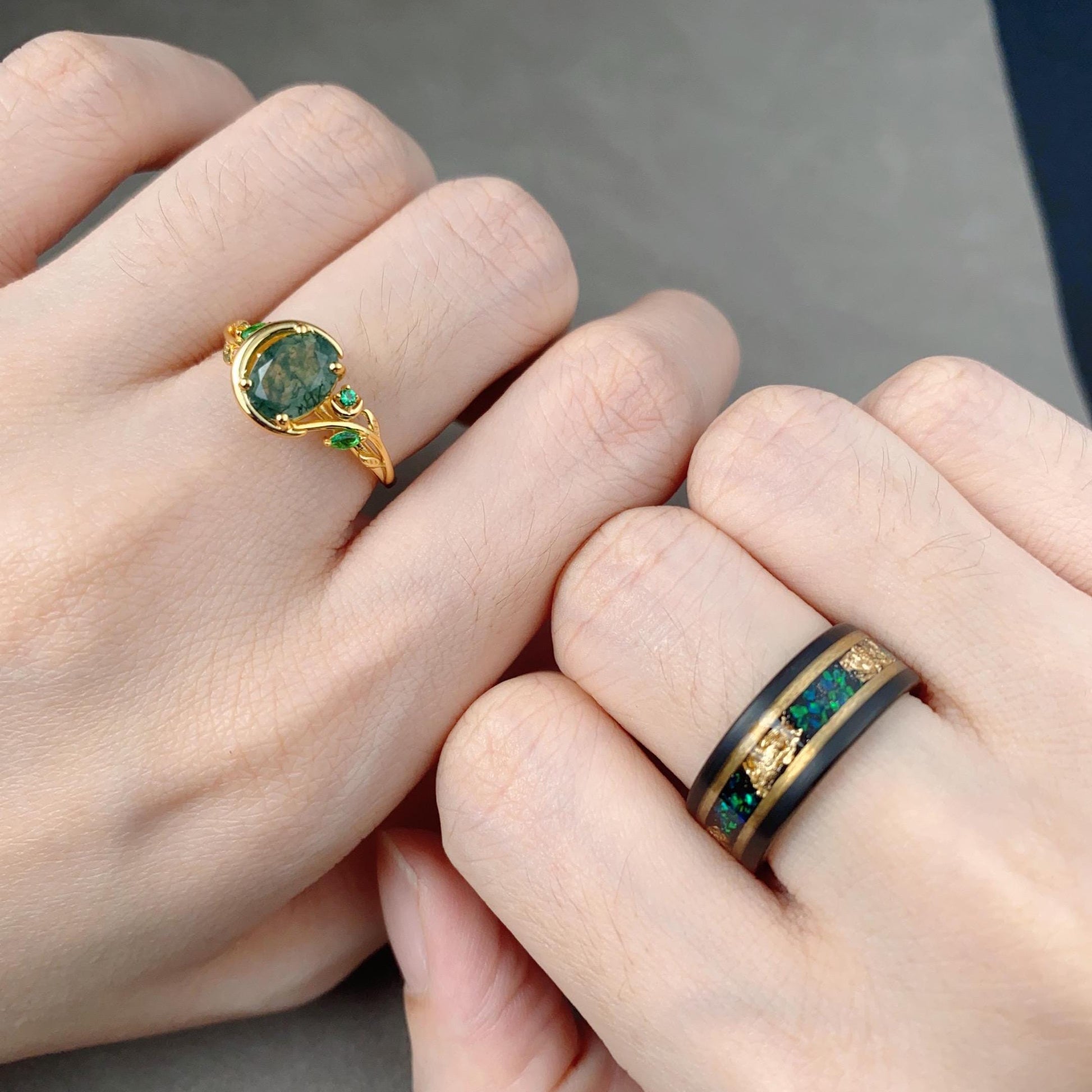 Nature Inspired Natural Moss Agate Couples Ring Yellow Gold Matching Ring Set His and Hers Wedding Band Moon Design Ring Mens Promise Ring