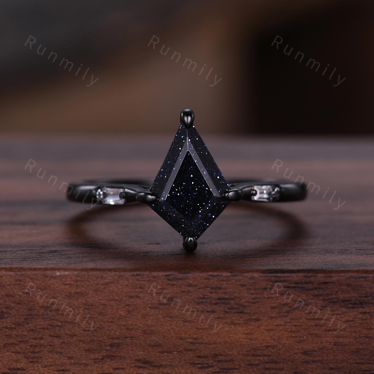 Couple's Blue Nebula Wedding Rings Galaxy Kite cut Galaxy Blue Sandstone Ring Gothic Black Gold Matching Ring Set Cosmos Couple Ring Set