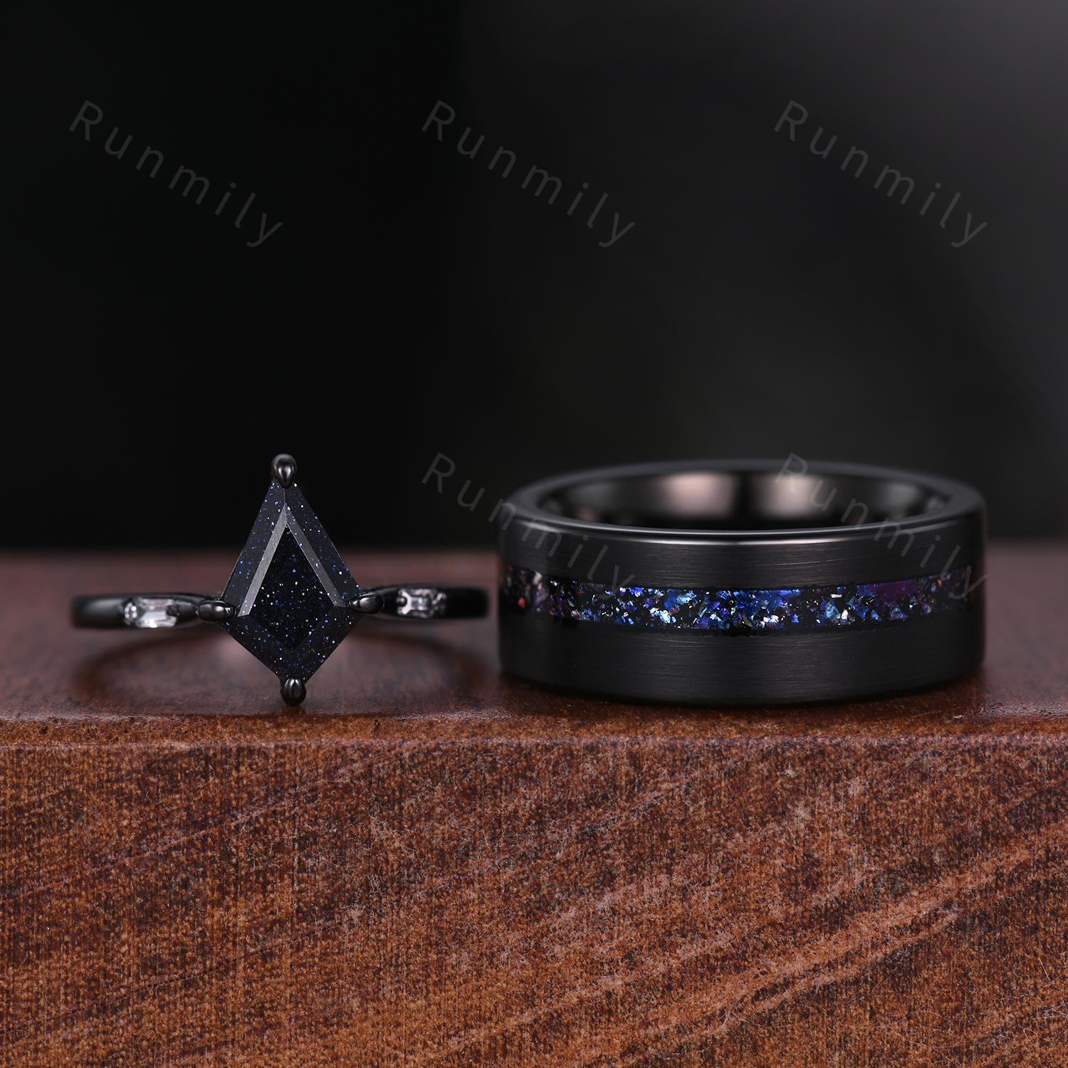 Couple's Blue Nebula Wedding Rings Galaxy Kite cut Galaxy Blue Sandstone Ring Gothic Black Gold Matching Ring Set Cosmos Couple Ring Set