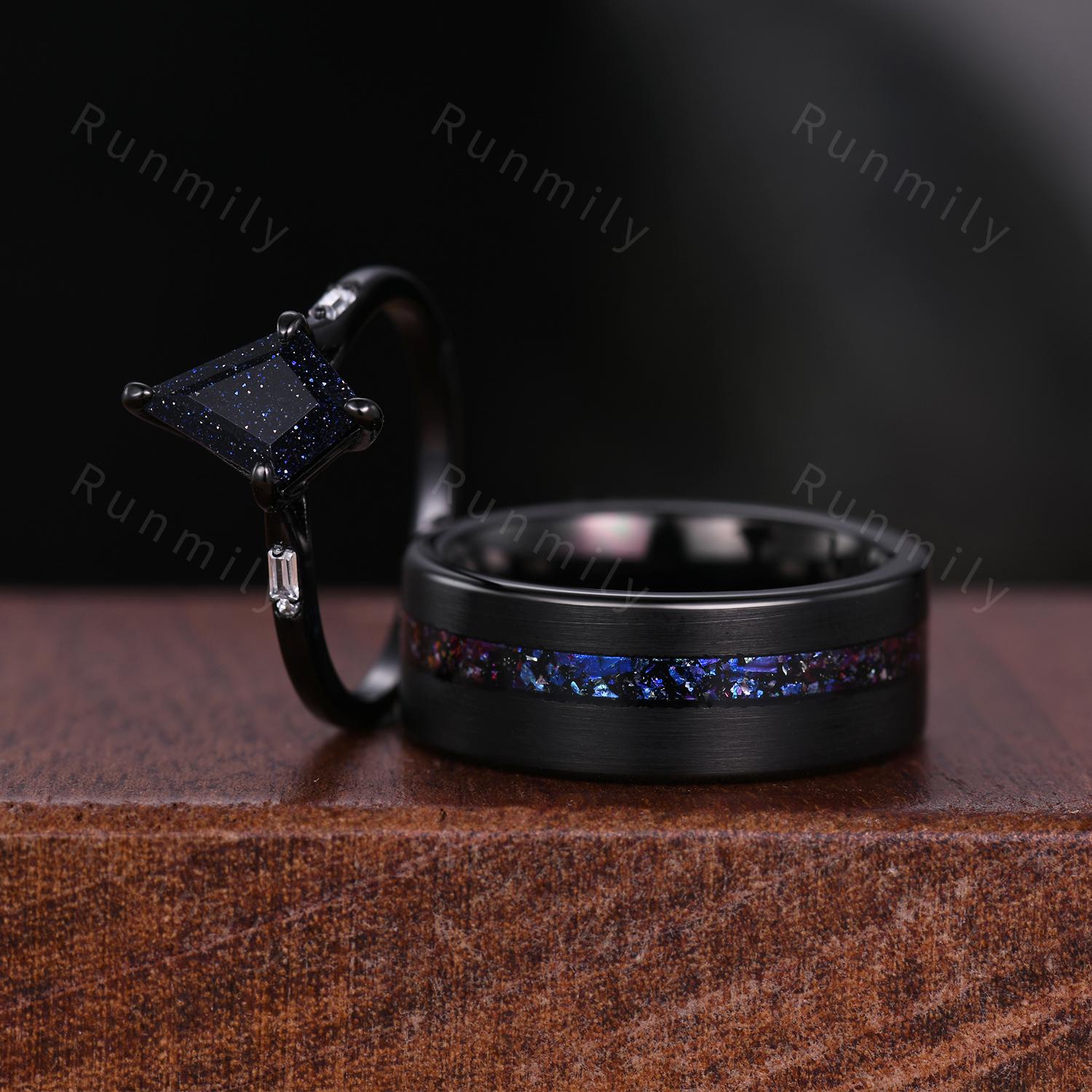 Couple's Blue Nebula Wedding Rings Galaxy Kite cut Galaxy Blue Sandstone Ring Gothic Black Gold Matching Ring Set Cosmos Couple Ring Set