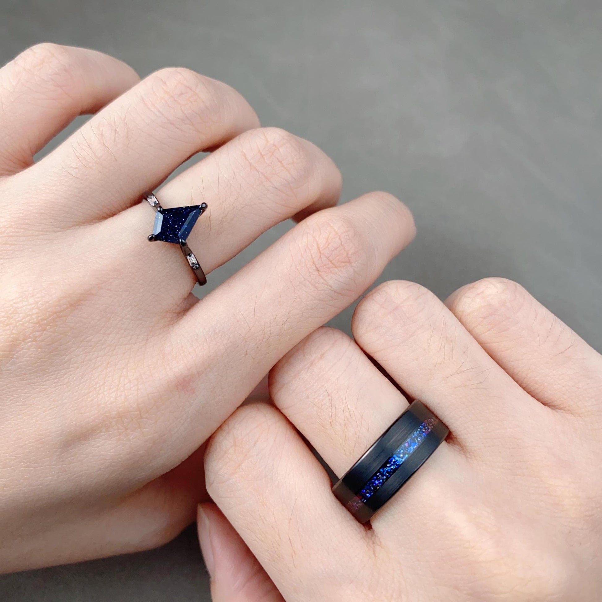 Couple's Blue Nebula Wedding Rings Galaxy Kite cut Galaxy Blue Sandstone Ring Gothic Black Gold Matching Ring Set Cosmos Couple Ring Set
