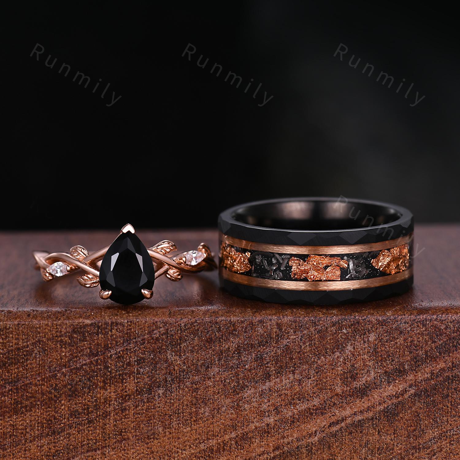 Vintage Black Onyx Couples Ring Set His and Hers Wedding Band Mens Gold Leaf Ring Rose Gold Matching Couples Promise Ring Nature Inspired