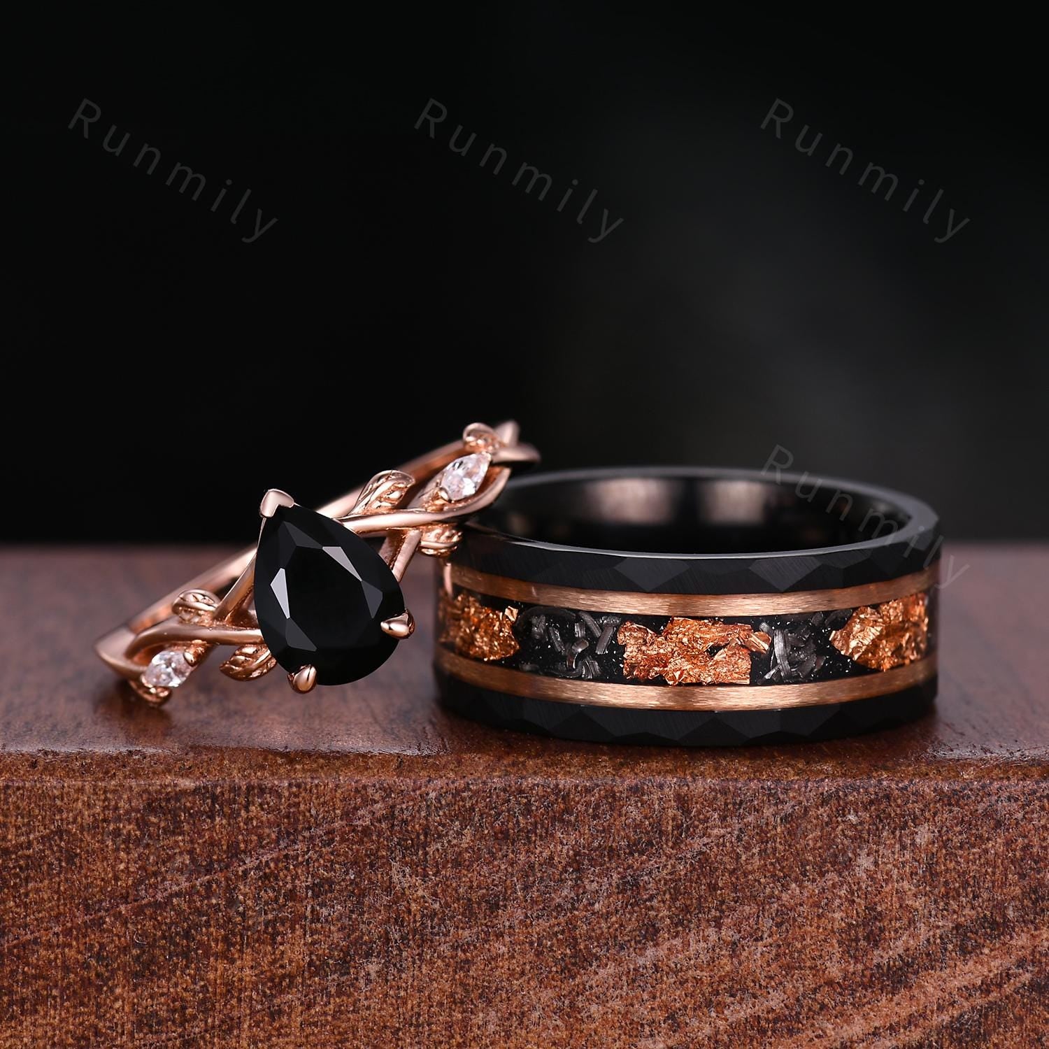 Vintage Black Onyx Couples Ring Set His and Hers Wedding Band Mens Gold Leaf Ring Rose Gold Matching Couples Promise Ring Nature Inspired