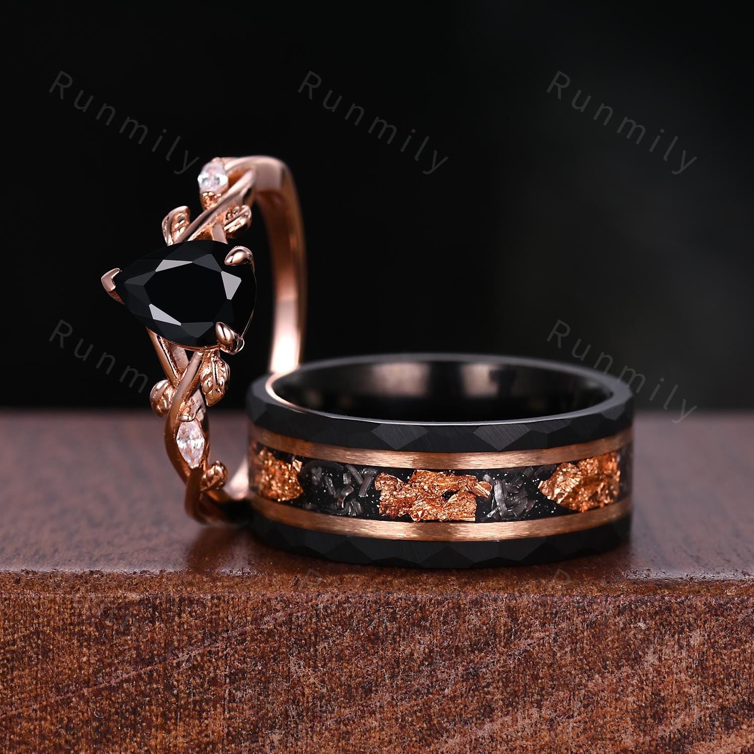Vintage Black Onyx Couples Ring Set His and Hers Wedding Band Mens Gold Leaf Ring Rose Gold Matching Couples Promise Ring Nature Inspired