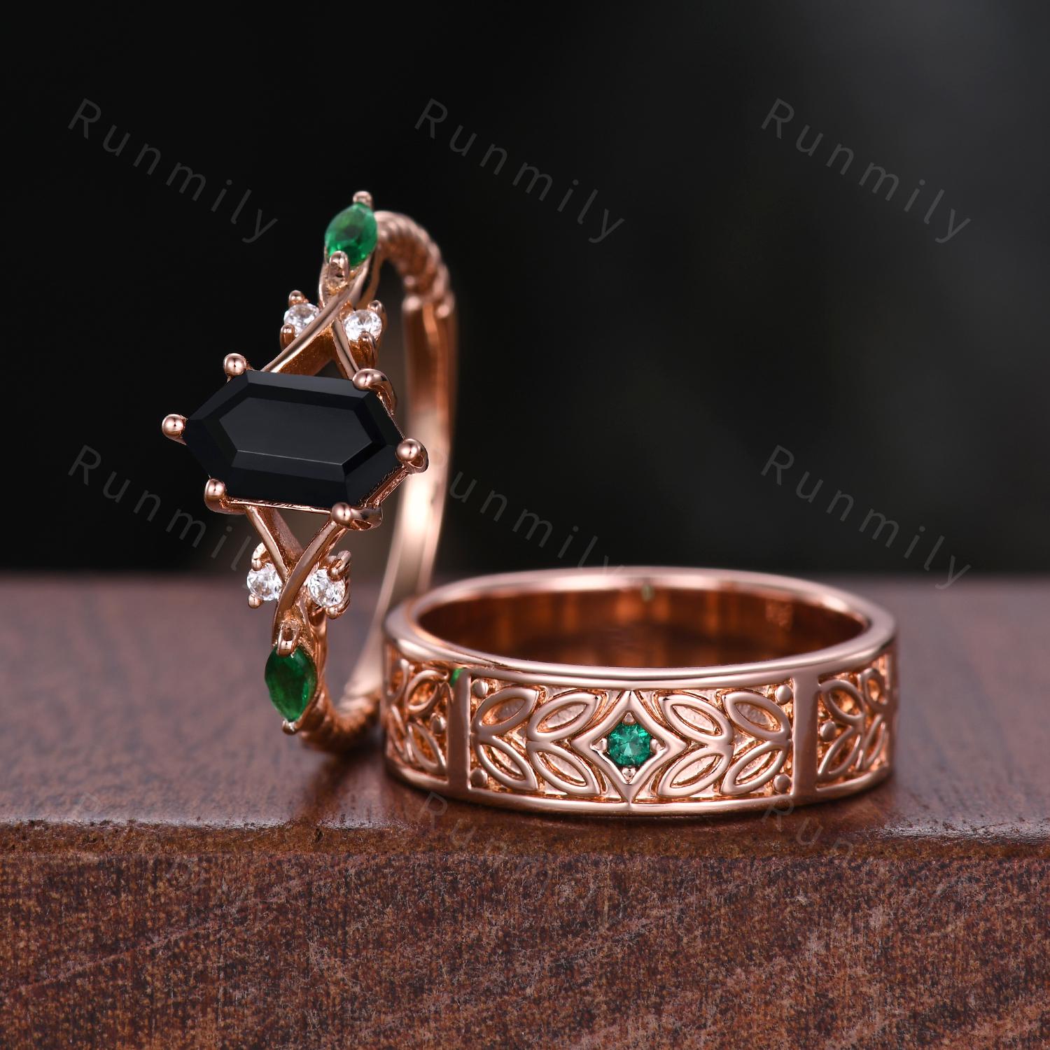 Black Onyx and Emerald Couples Ring Rose Gold Matching Ring Set Nature Leaf Mens Emerald Ring Vintage His and Hers Wedding Band Gift