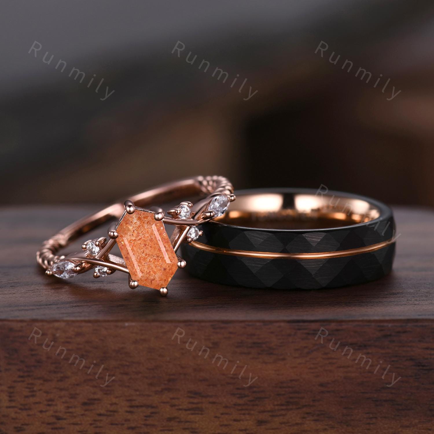 Vintage Sunstone Couples Ring Rose Gold Matching Ring Set His And Hers Wedding Band Promise Ring For Men For Women Orange Gemstone Ring