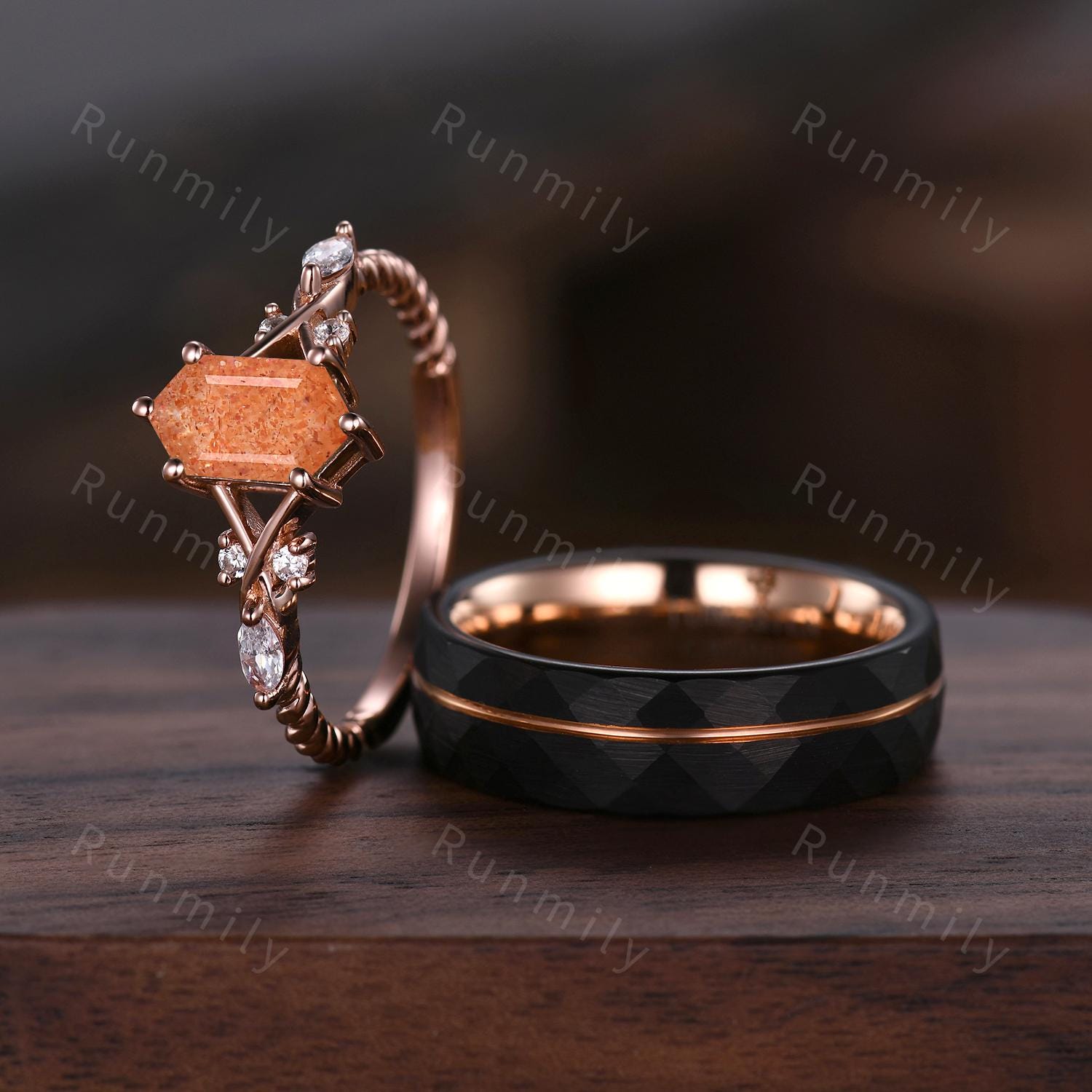 Vintage Sunstone Couples Ring Rose Gold Matching Ring Set His And Hers Wedding Band Promise Ring For Men For Women Orange Gemstone Ring