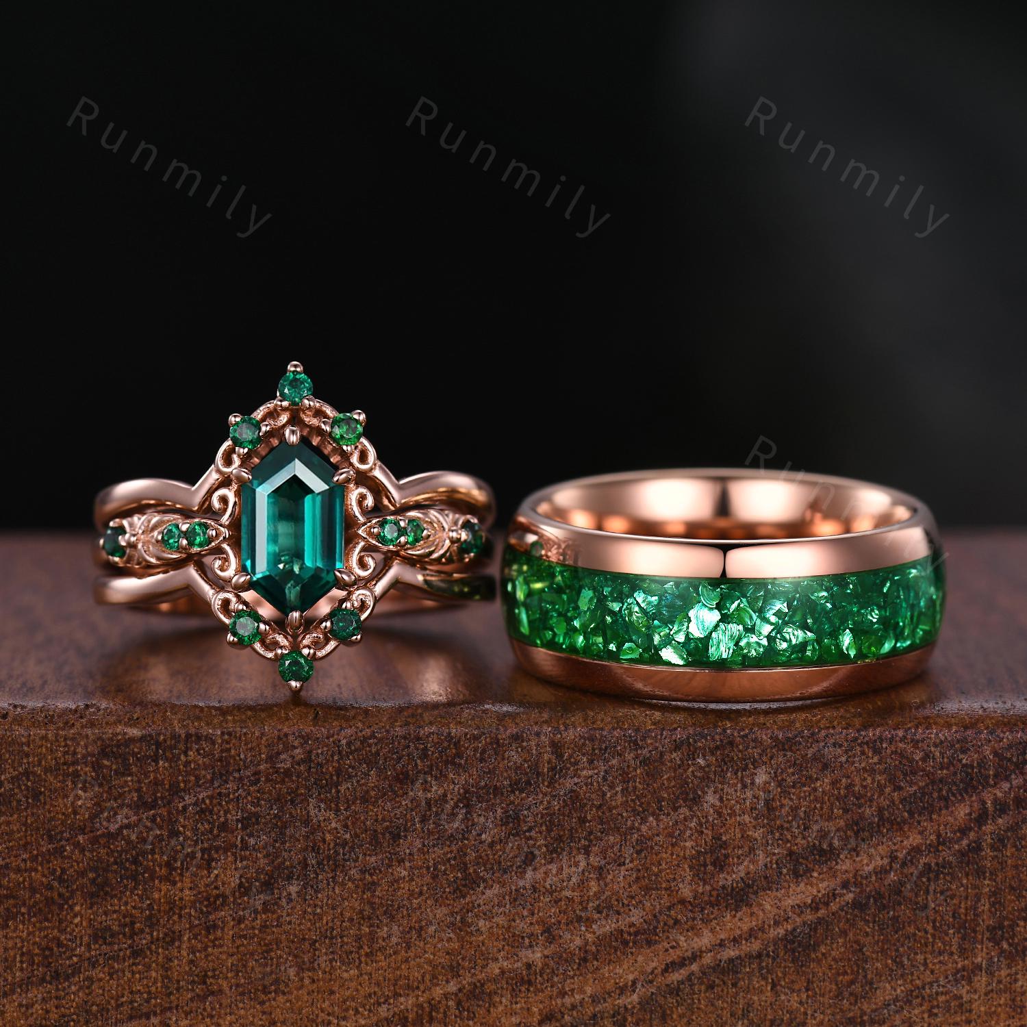Vintage Green Emerald Couple Ring Set Unique Double Curved Stacking Band Rose Gold His and Hers Wedding Ring Couples Emerald Promise Ring