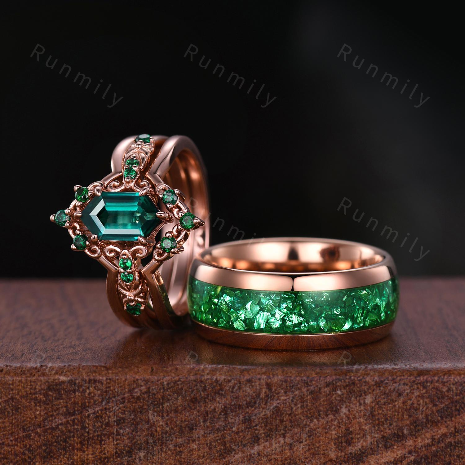 Vintage Green Emerald Couple Ring Set Unique Double Curved Stacking Band Rose Gold His and Hers Wedding Ring Couples Emerald Promise Ring