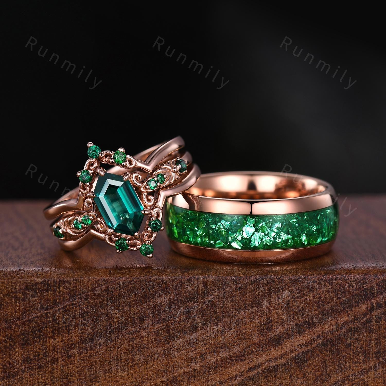 Vintage Green Emerald Couple Ring Set Unique Double Curved Stacking Band Rose Gold His and Hers Wedding Ring Couples Emerald Promise Ring