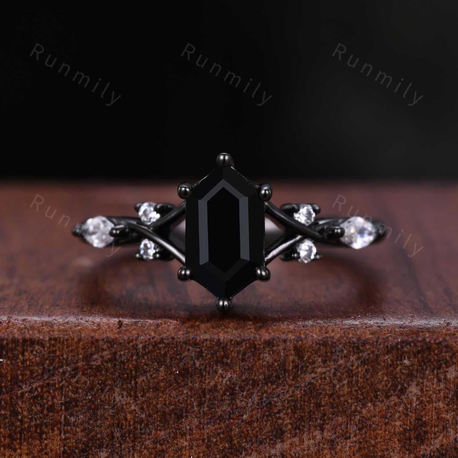 Vintage Black Onyx Couples Ring Black Gold Matching Ring Set His and Hers Wedding Band Mens Tungsten Ring Unique Promise Ring Set