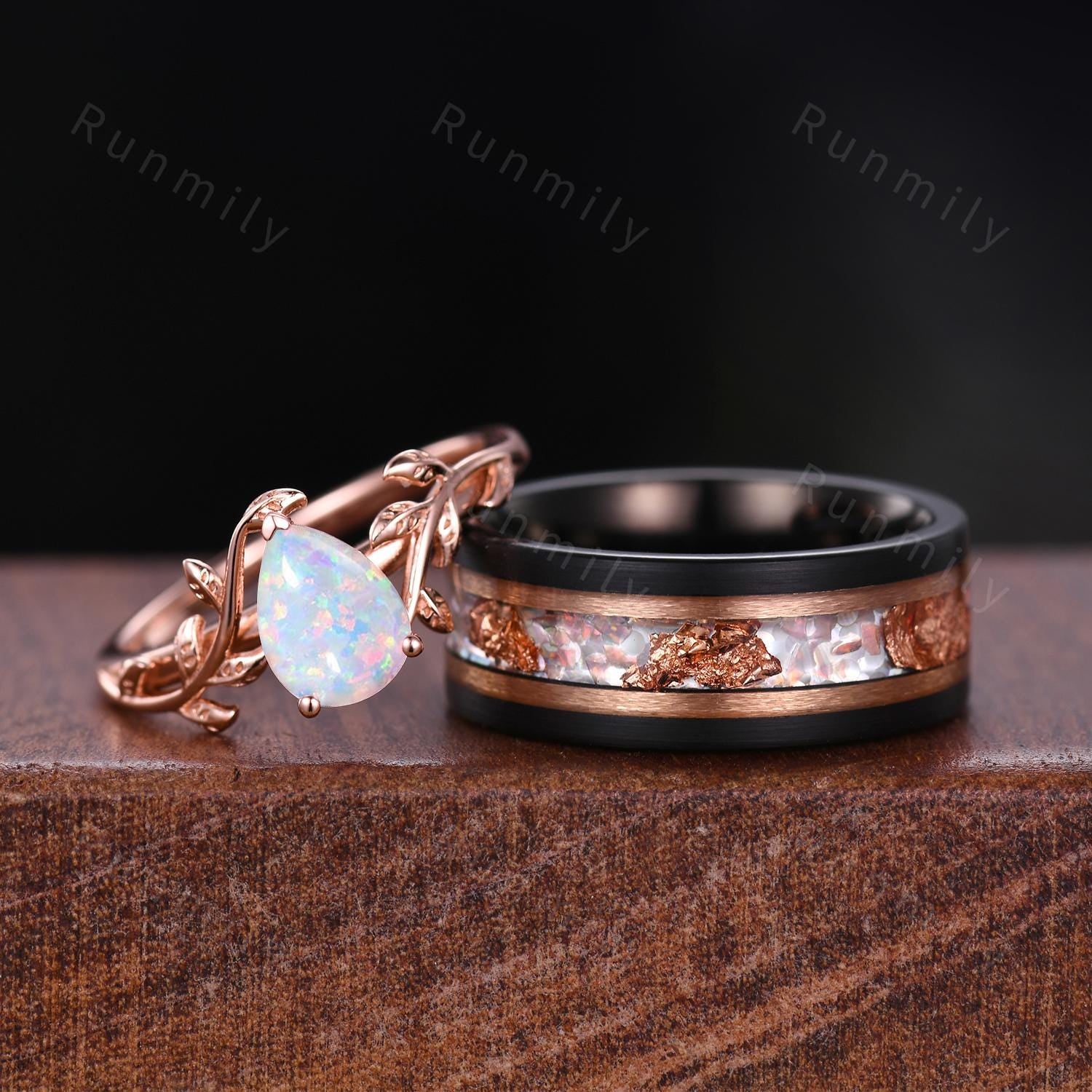Vintage White Opal Couples Ring Set Rose Gold Twig Leaf Ring His and Hers Wedding Band Mens Opal Ring October Birthstone Anniversary Rings