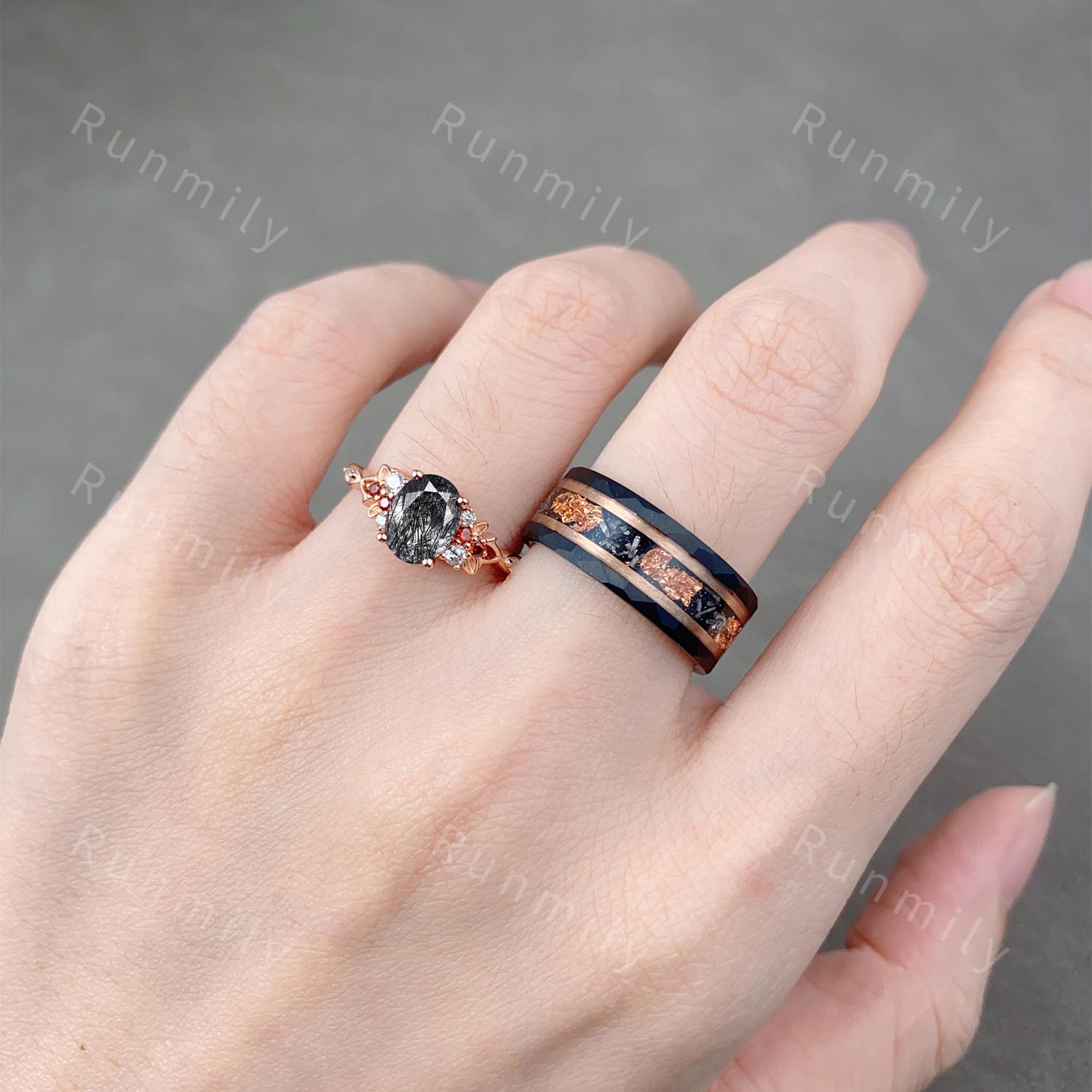 Oval cut black rutilated quartz couples ring set rose gold matching promise ring His and Hers wedding band Mens meteorite ring bridal ring