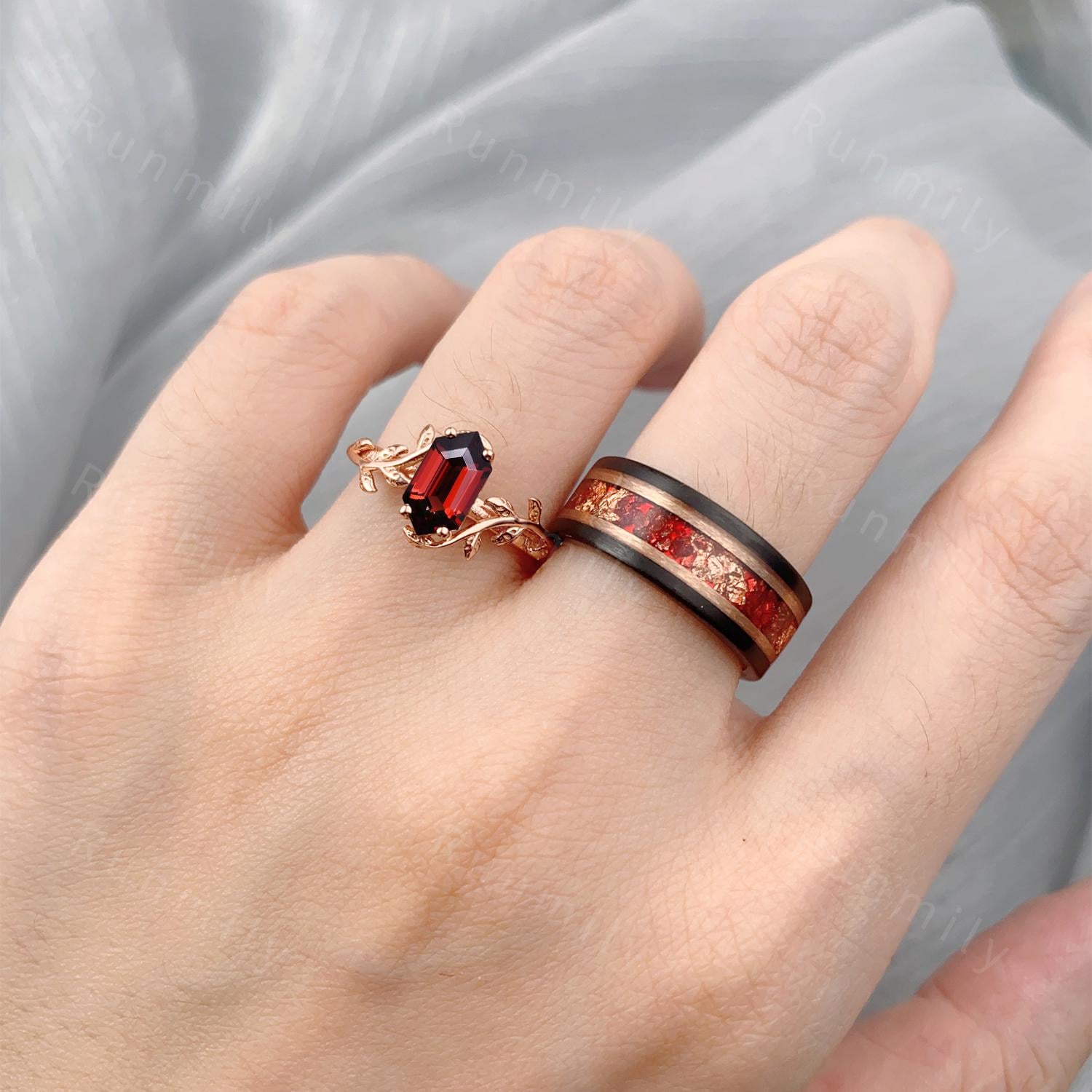 Vintage Hexagon Garnet Couples Ring Set Rose Gold His and Hers Wedding Band Mens Tungsten Ruby Ring Promise Ring For Men For Women Gift