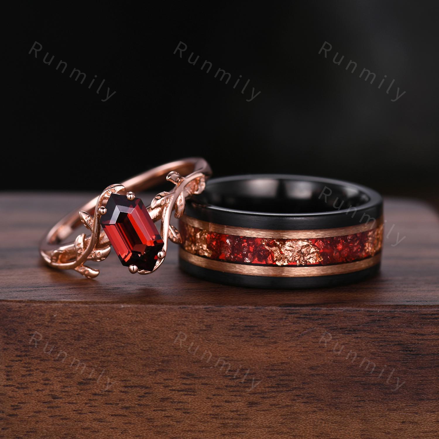 Vintage Hexagon Garnet Couples Ring Set Rose Gold His and Hers Wedding Band Mens Tungsten Ruby Ring Promise Ring For Men For Women Gift