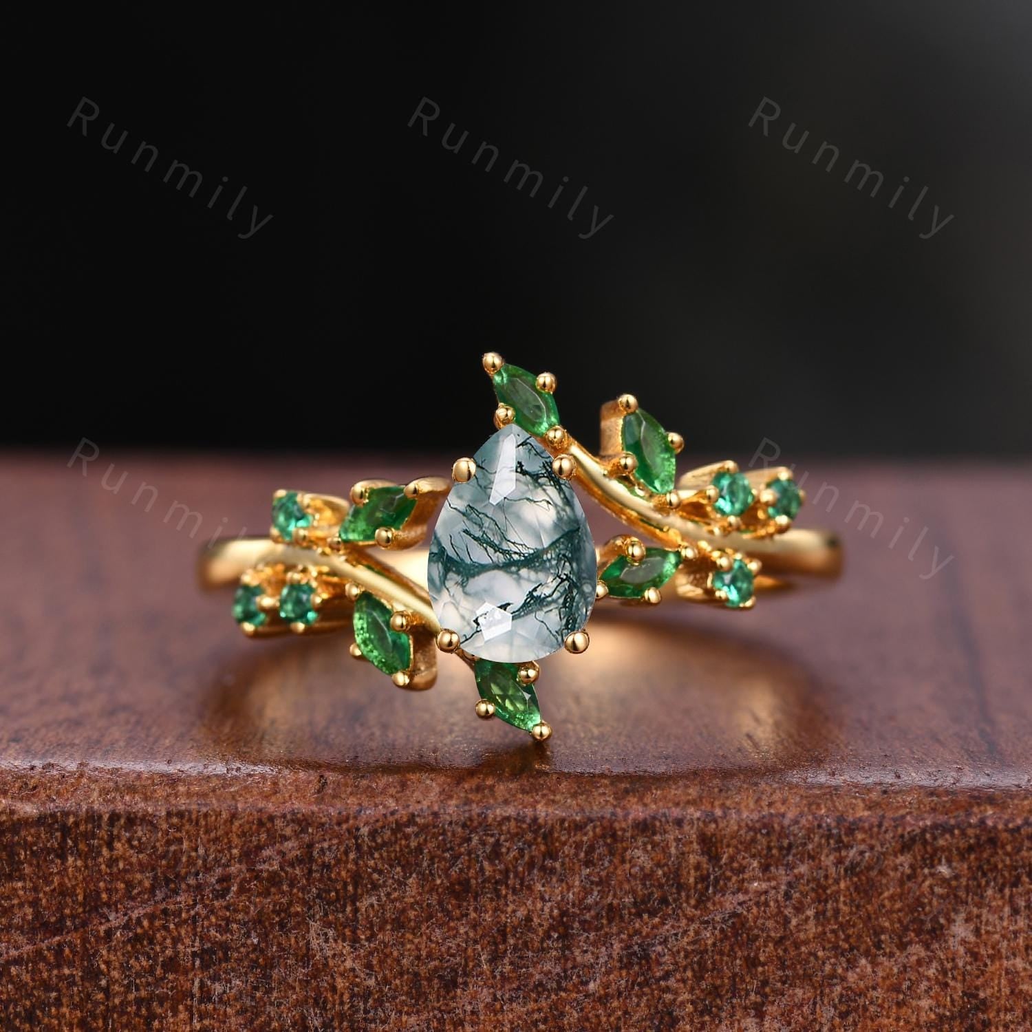 Nature Inspired Moss Agate and Emerald Couples Ring Yellow Gold Matching Ring Set His and Hers Wedding Band Mens Tungsten Ring Green Ring