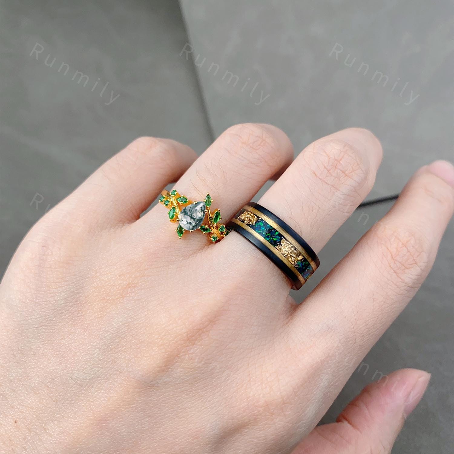 Nature Inspired Moss Agate and Emerald Couples Ring Yellow Gold Matching Ring Set His and Hers Wedding Band Mens Tungsten Ring Green Ring