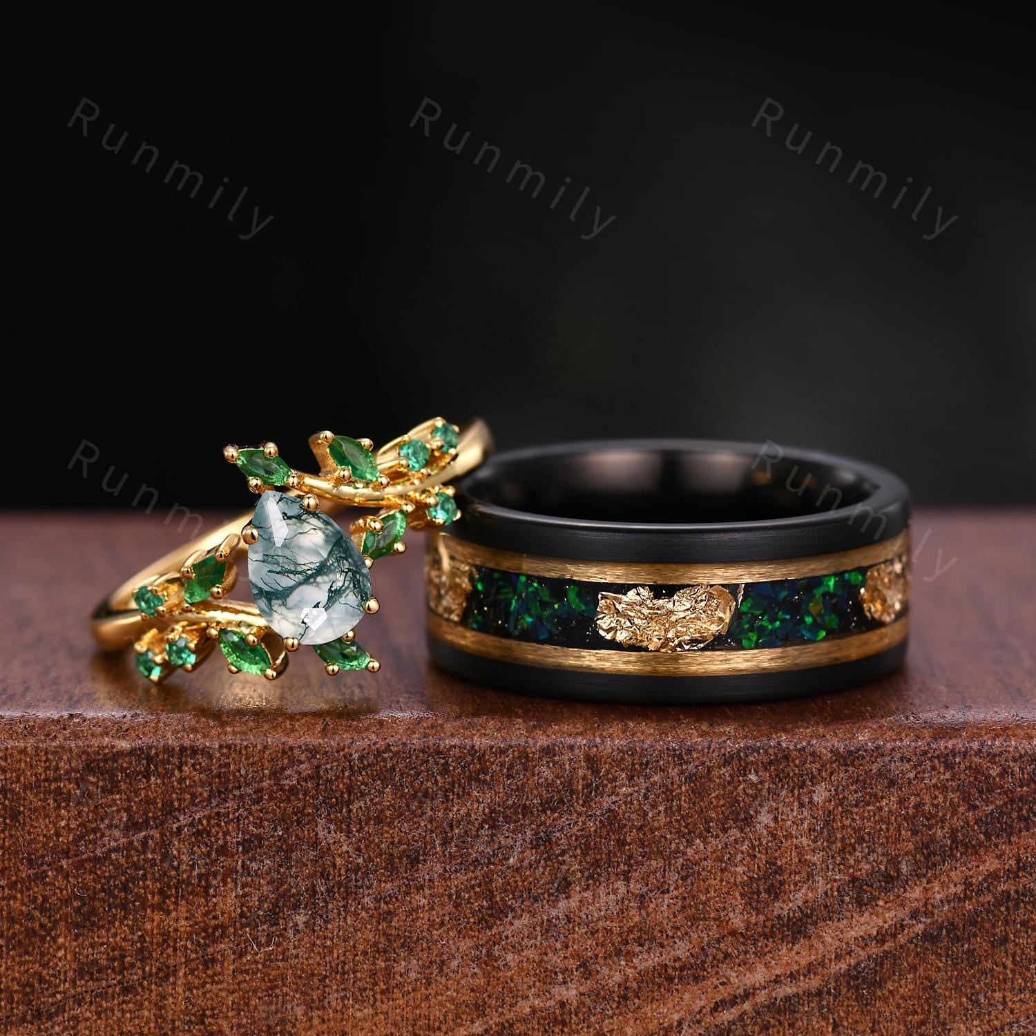 Nature Inspired Moss Agate and Emerald Couples Ring Yellow Gold Matching Ring Set His and Hers Wedding Band Mens Tungsten Ring Green Ring