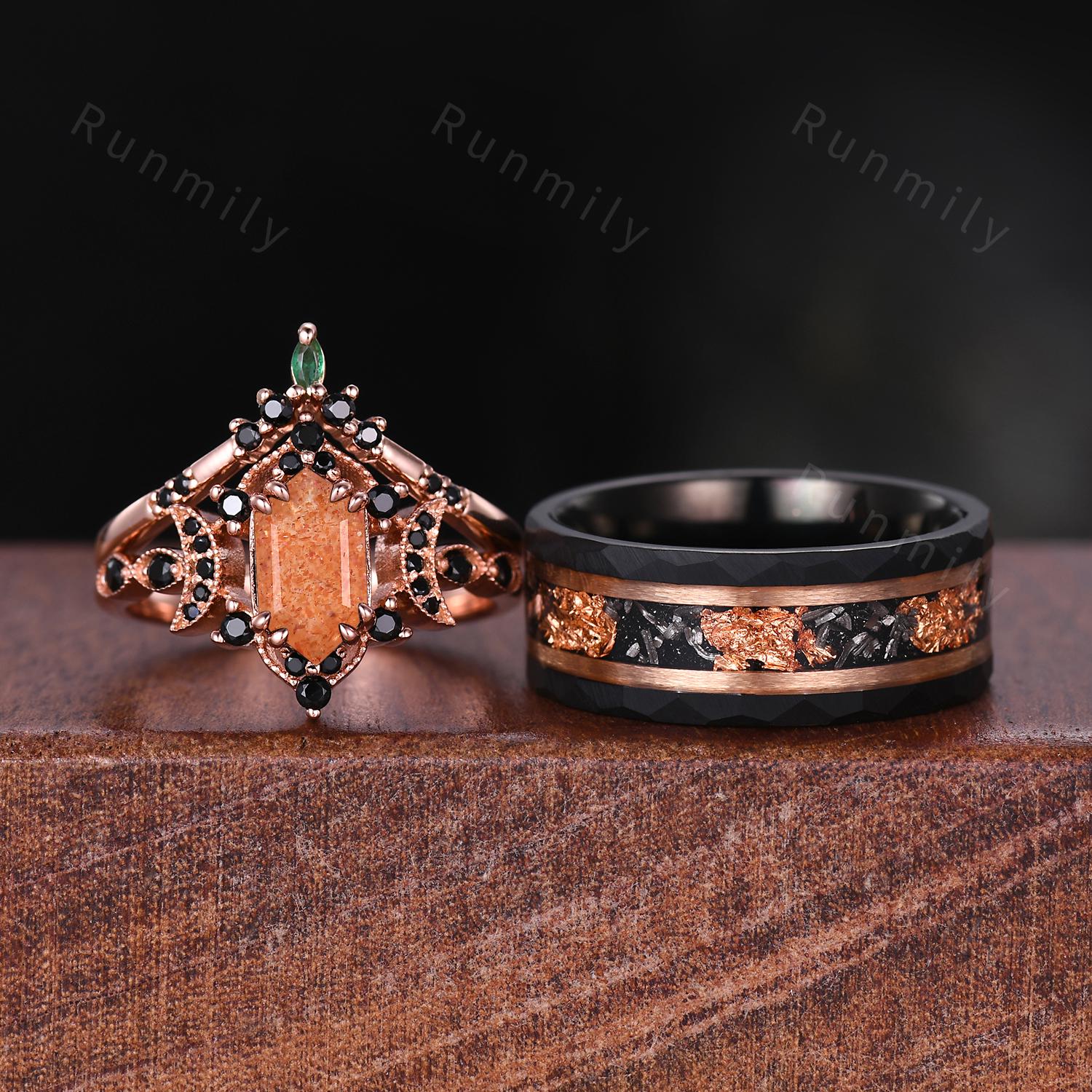 Vintage Sunstone Couples Ring Rose Gold Matching Ring Set His and Hers Wedding Band Promise Ring For Men For Women Antique Orange Stone Ring
