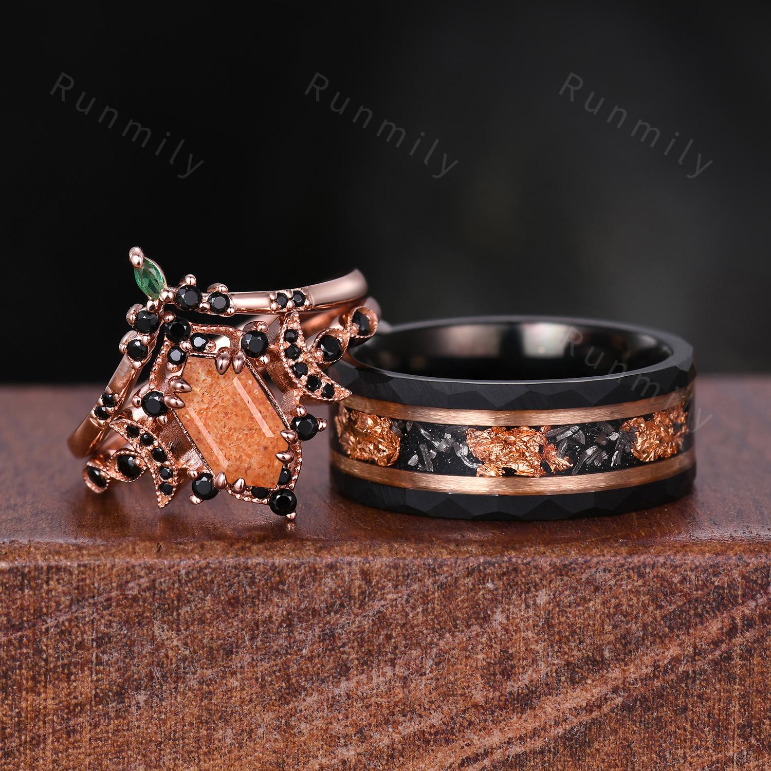 Vintage Sunstone Couples Ring Rose Gold Matching Ring Set His and Hers Wedding Band Promise Ring For Men For Women Antique Orange Stone Ring