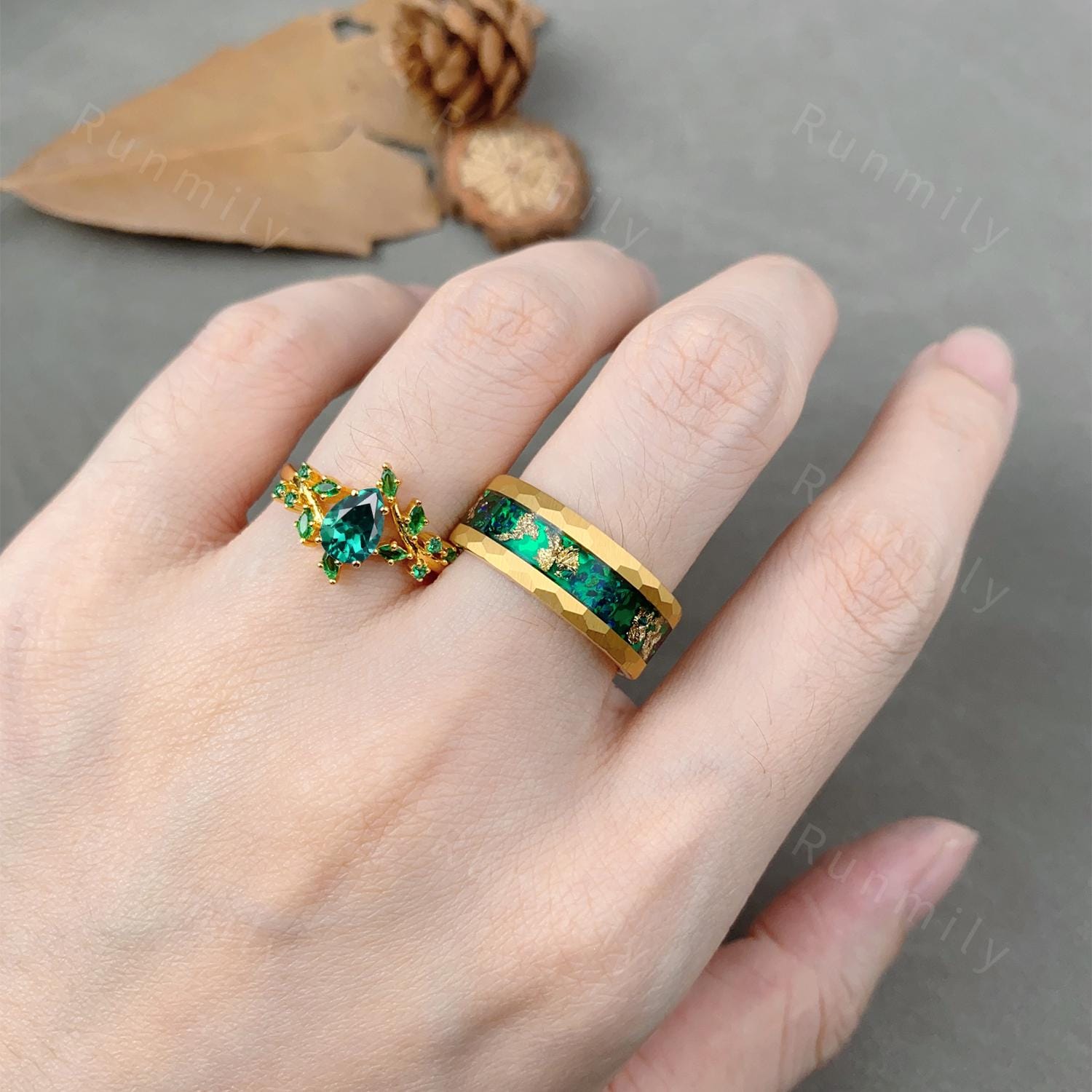 Yellow Gold Emerald Couples Ring Vintage His and Hers Wedding Ring Set Leaf Style Ring Mens Tungsten Ring Anniversary Gift For Men and Women