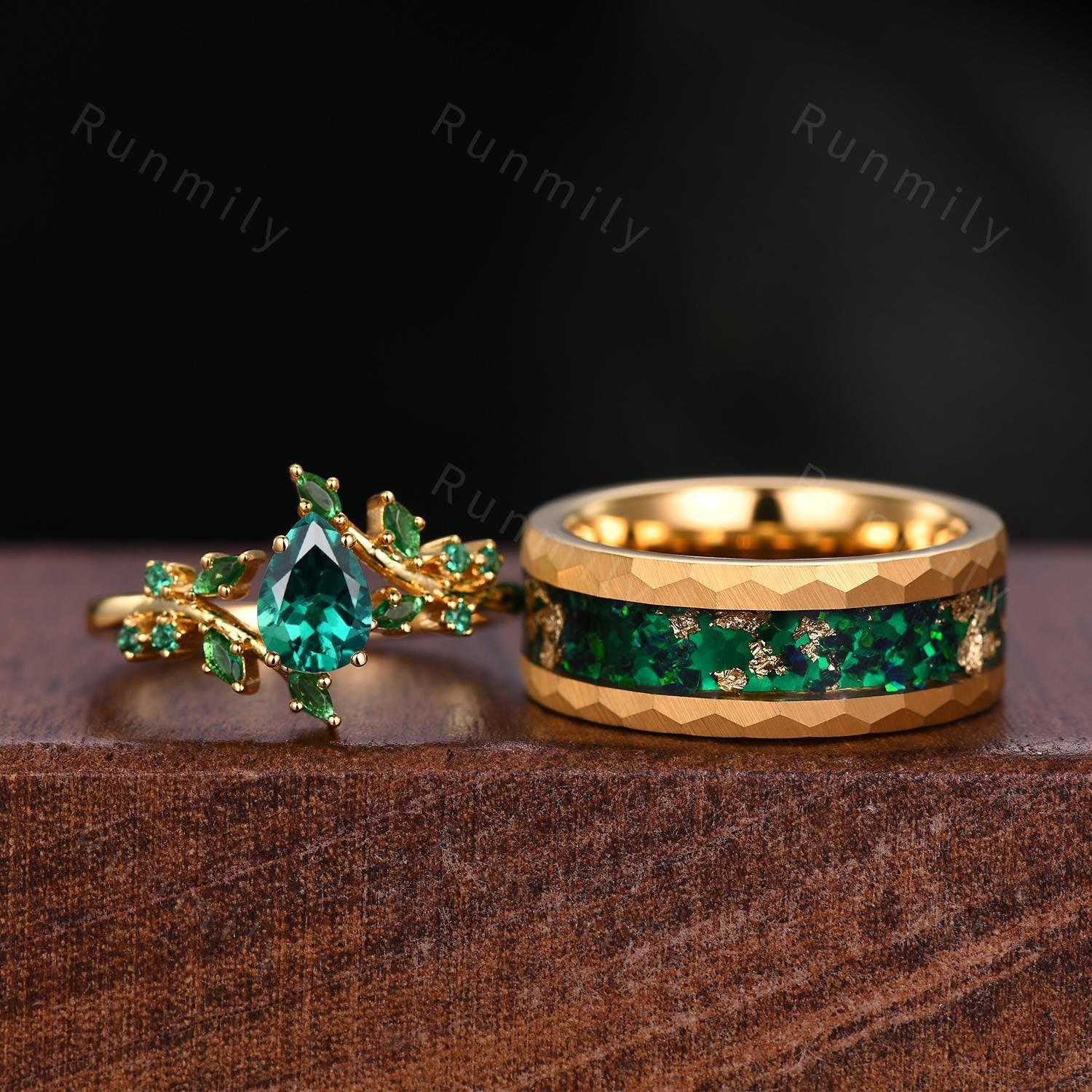 Yellow Gold Emerald Couples Ring Vintage His and Hers Wedding Ring Set Leaf Style Ring Mens Tungsten Ring Anniversary Gift For Men and Women