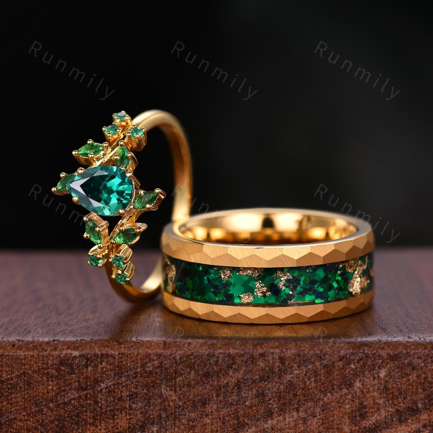 Yellow Gold Emerald Couples Ring Vintage His and Hers Wedding Ring Set Leaf Style Ring Mens Tungsten Ring Anniversary Gift For Men and Women