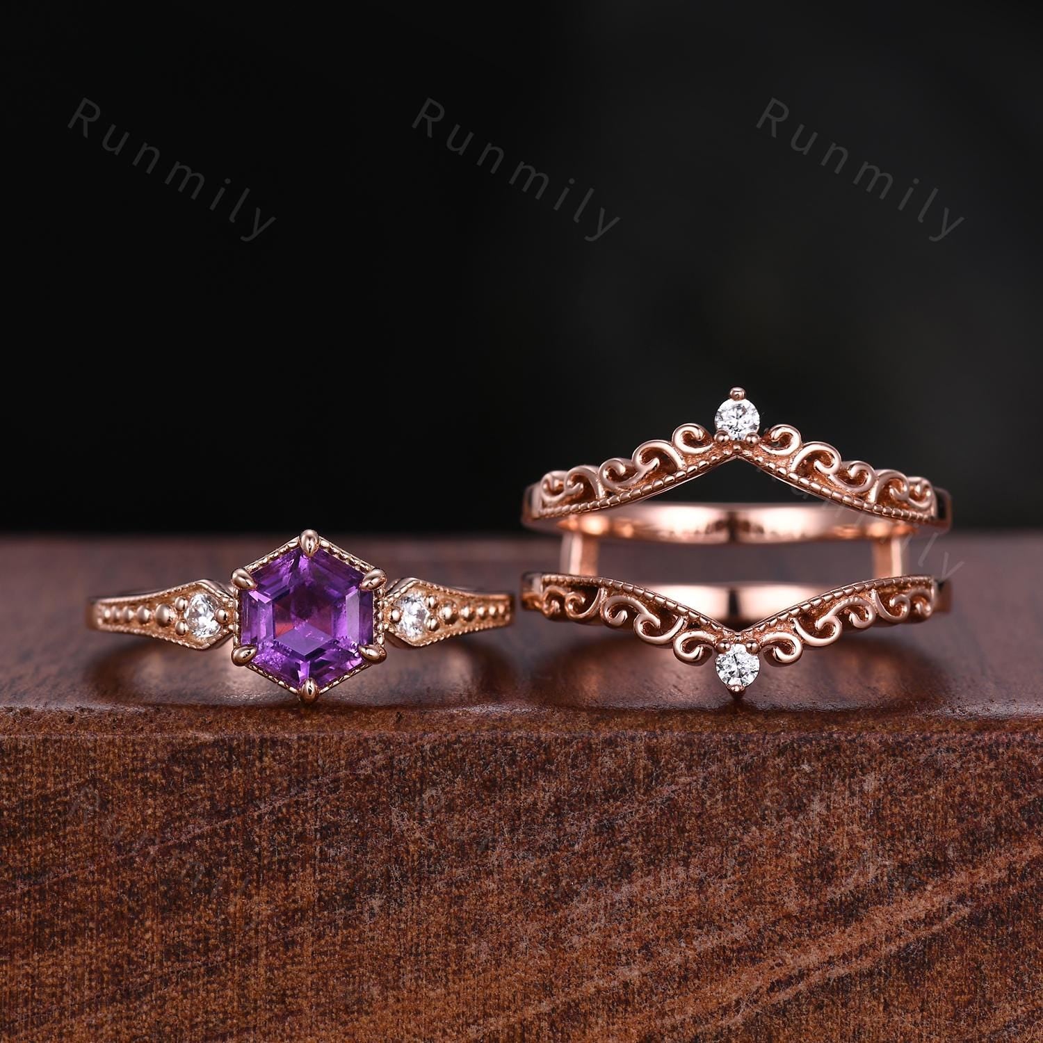 Antique Hexagon Amethyst Engagement Ring Set Rose Gold Double Curved Stacking Diamond Band Unique Art Deco Bridal Promise Wedding Ring Set