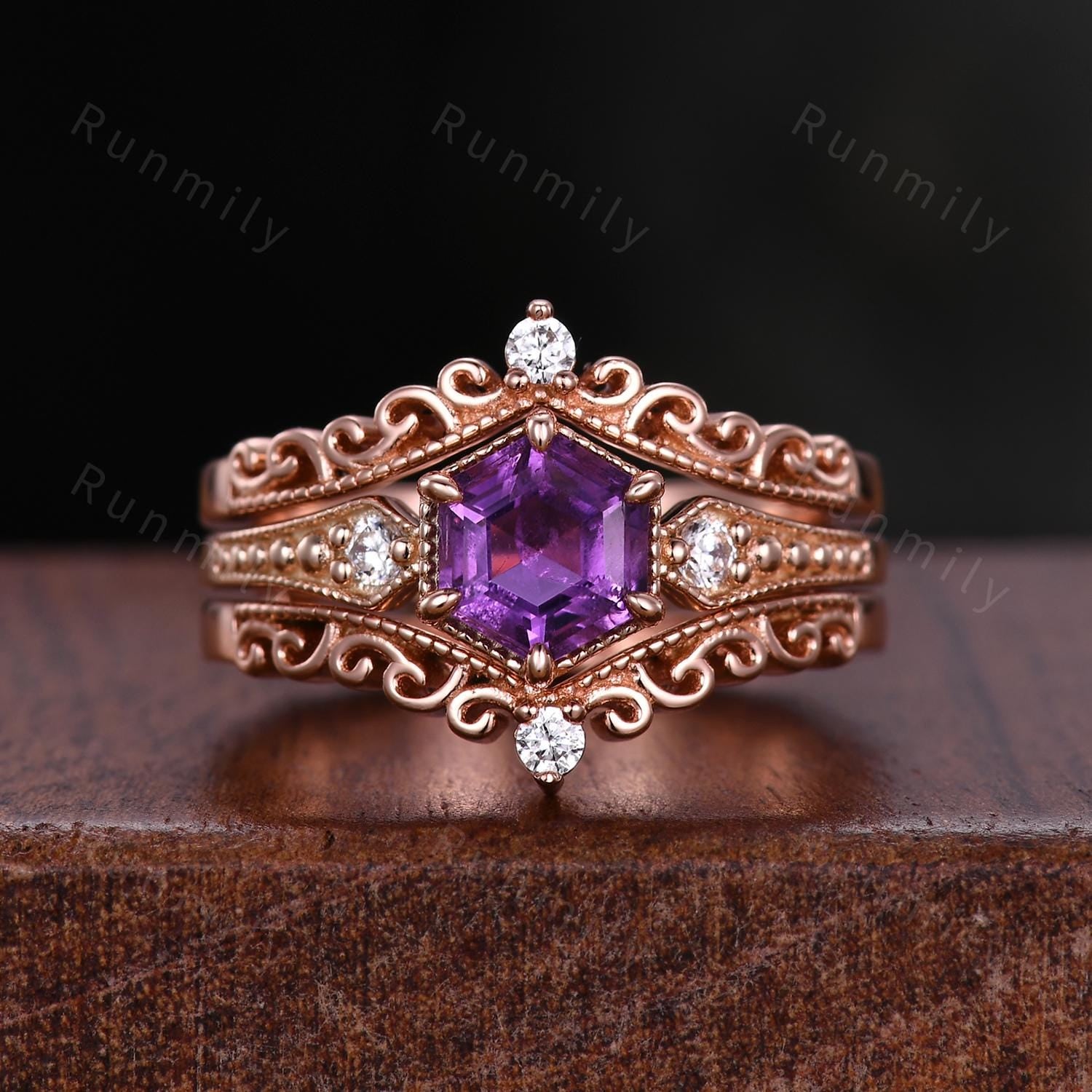 Antique Hexagon Amethyst Engagement Ring Set Rose Gold Double Curved Stacking Diamond Band Unique Art Deco Bridal Promise Wedding Ring Set
