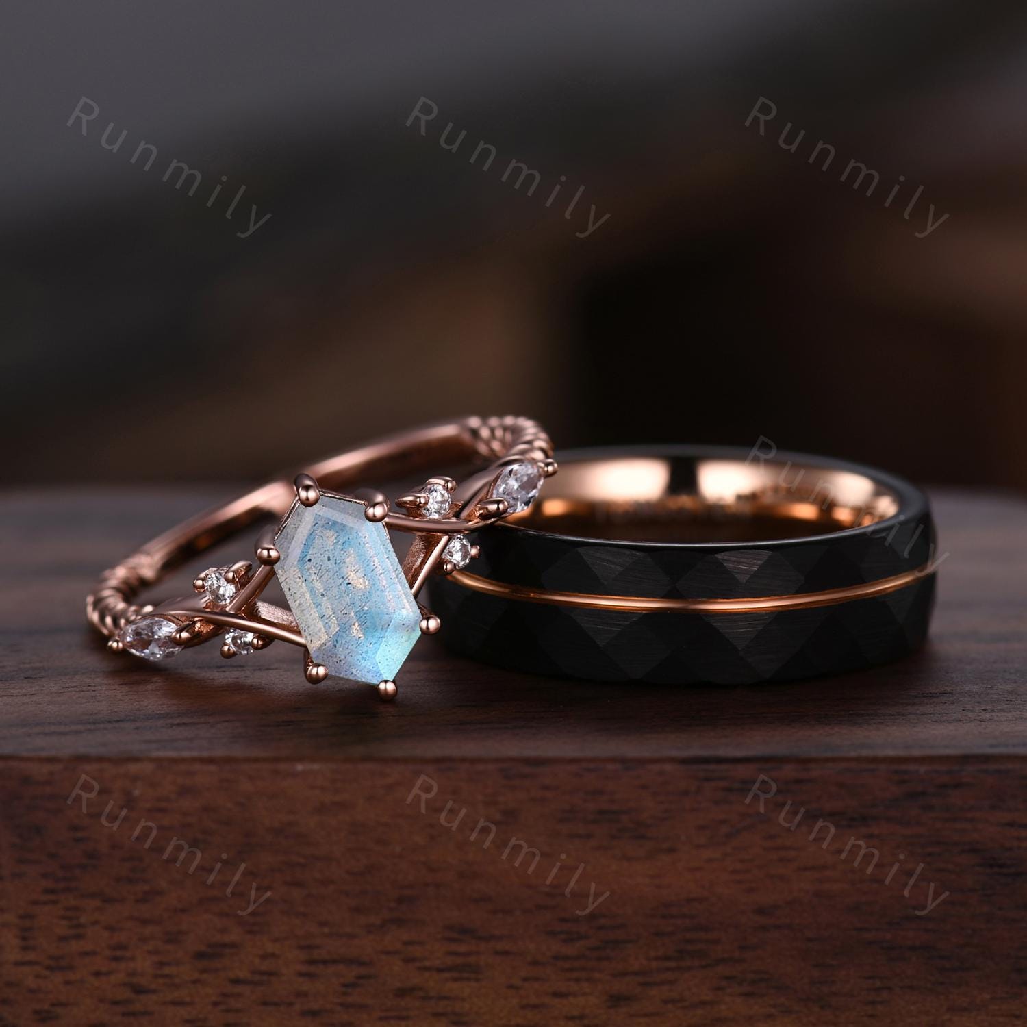Vintage Labradorite Couples Ring Rose Gold Matching Ring Set His and Hers Wedding Band Promise Ring For Men For Women Natural Blue Stone