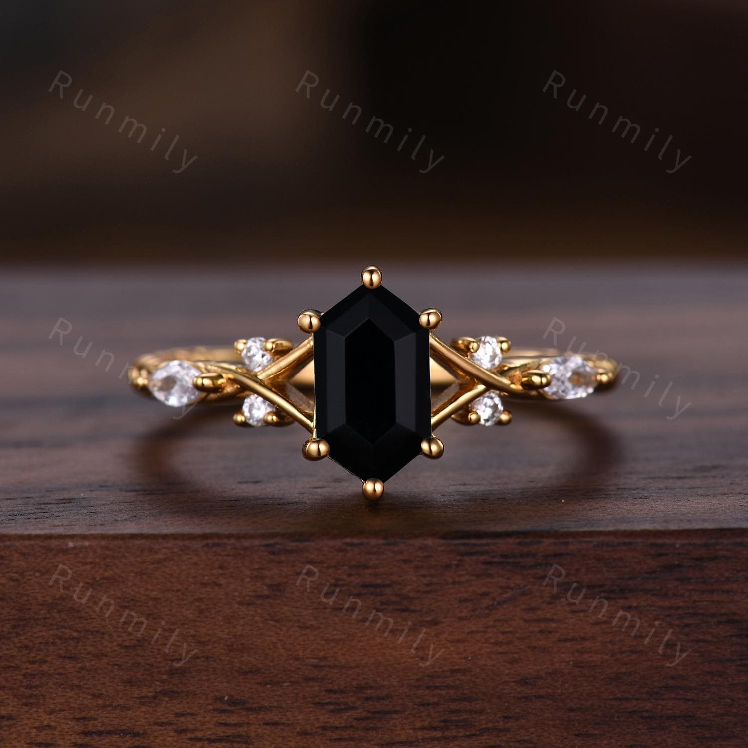 2PCS Black Onyx Couples Ring Set Yellow Gold Matching Promise Ring His and Hers Wedding Band Mens Meteorite Gold Leaf Ring Natural Black Gem