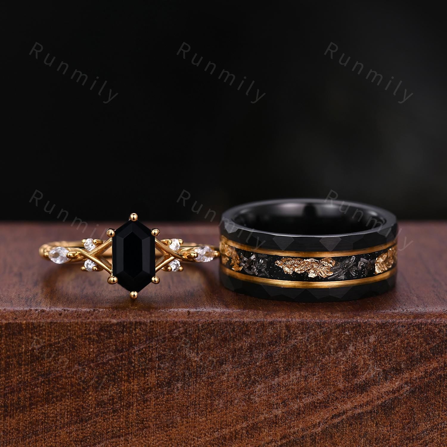 2PCS Black Onyx Couples Ring Set Yellow Gold Matching Promise Ring His and Hers Wedding Band Mens Meteorite Gold Leaf Ring Natural Black Gem