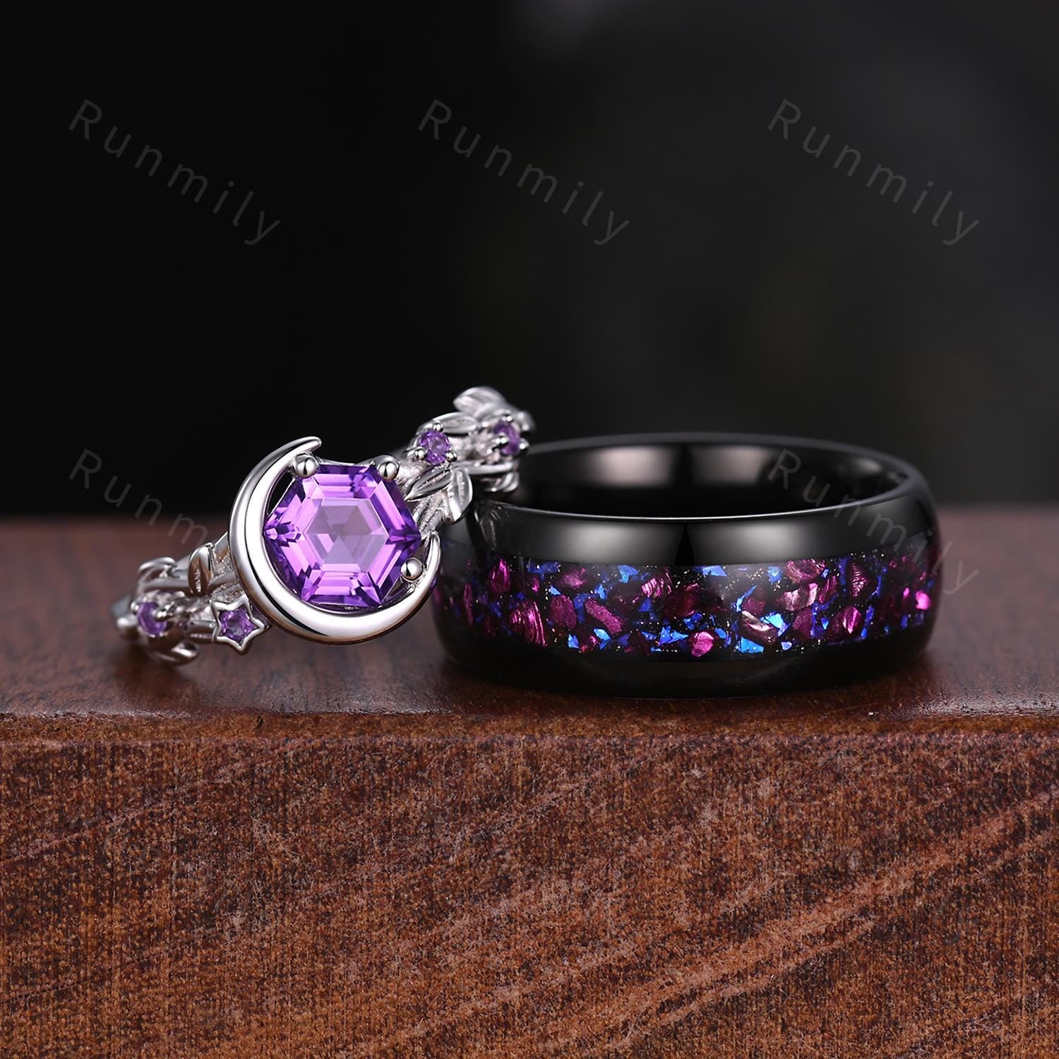 Hexagon cut Amethyst Couples Ring Set Silver Unique Moon Engagement Ring Mens Crushed Amethyst Ring His and Hers Wedding Band Promise Ring