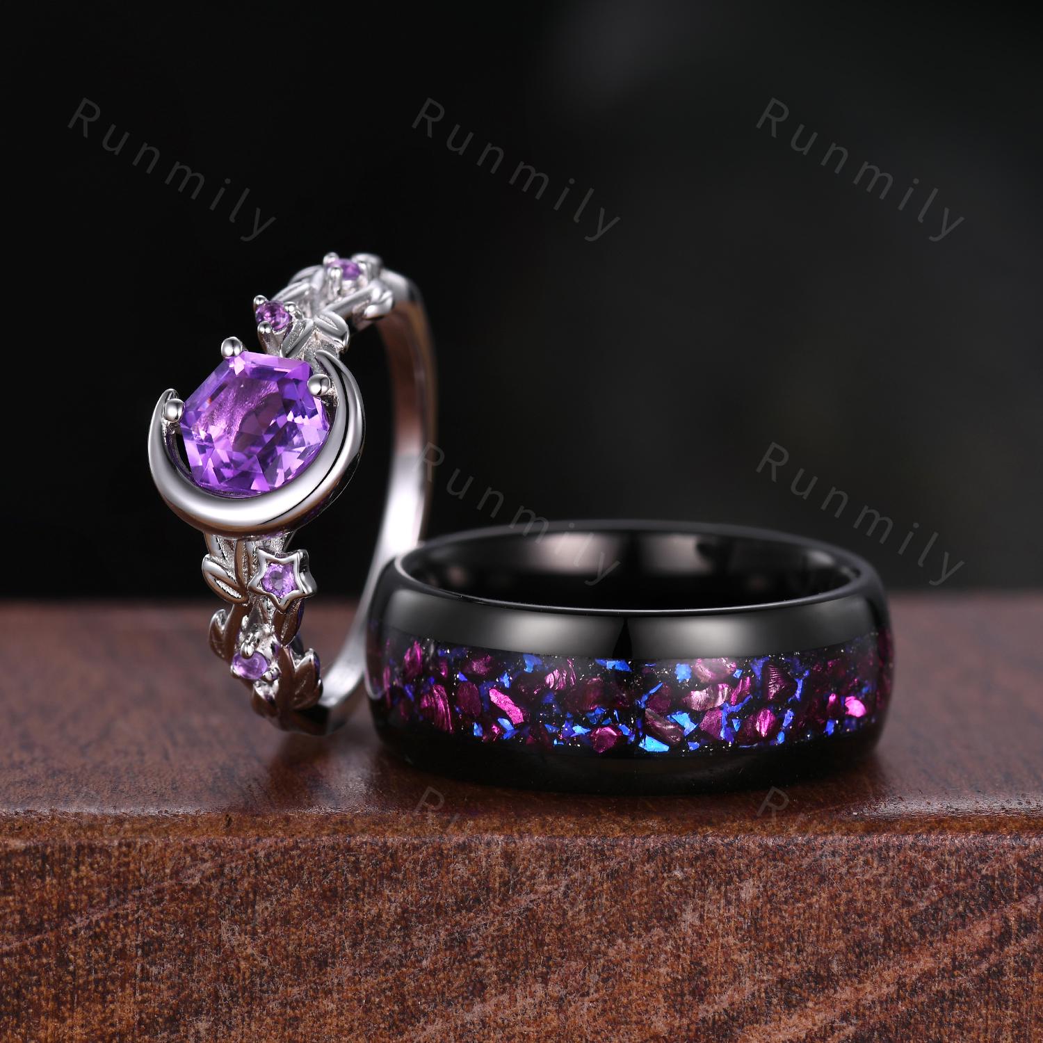 Hexagon cut Amethyst Couples Ring Set Silver Unique Moon Engagement Ring Mens Crushed Amethyst Ring His and Hers Wedding Band Promise Ring
