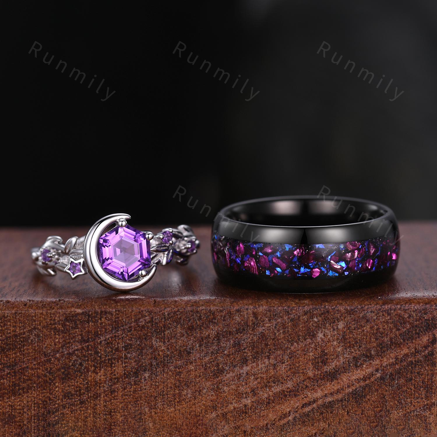 Hexagon cut Amethyst Couples Ring Set Silver Unique Moon Engagement Ring Mens Crushed Amethyst Ring His and Hers Wedding Band Promise Ring