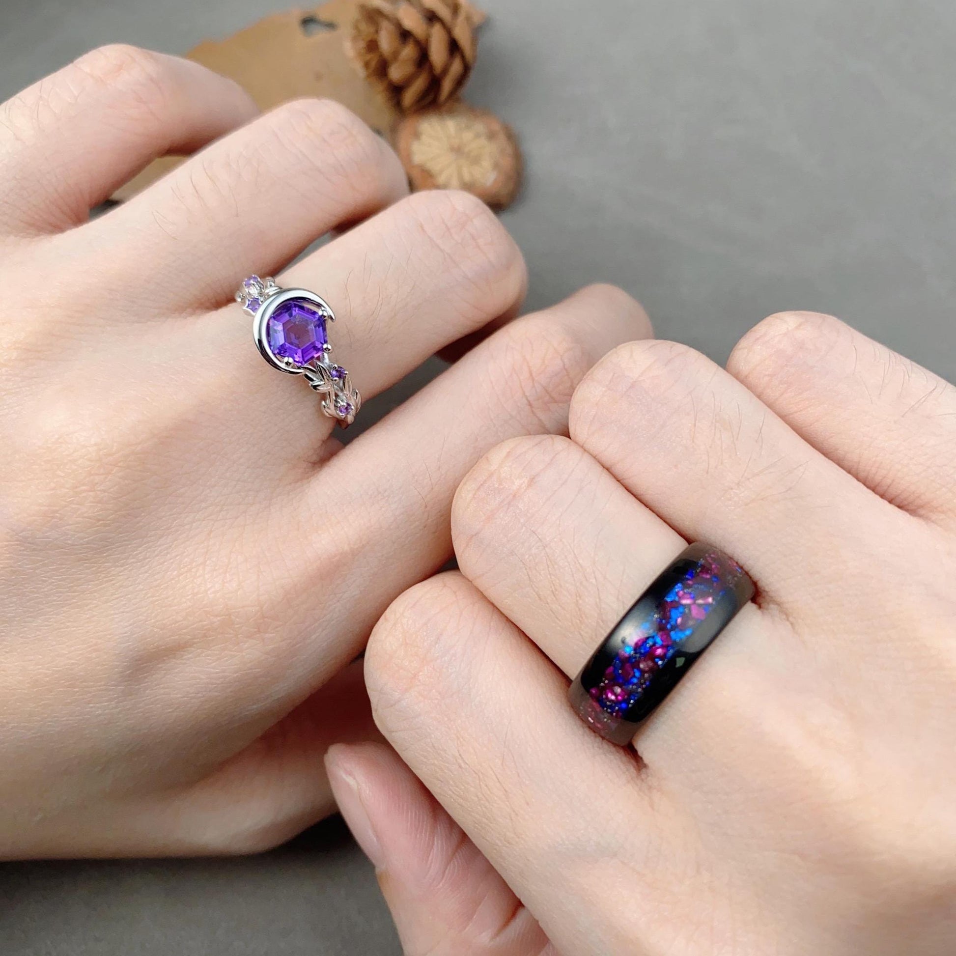 Hexagon cut Amethyst Couples Ring Set Silver Unique Moon Engagement Ring Mens Crushed Amethyst Ring His and Hers Wedding Band Promise Ring