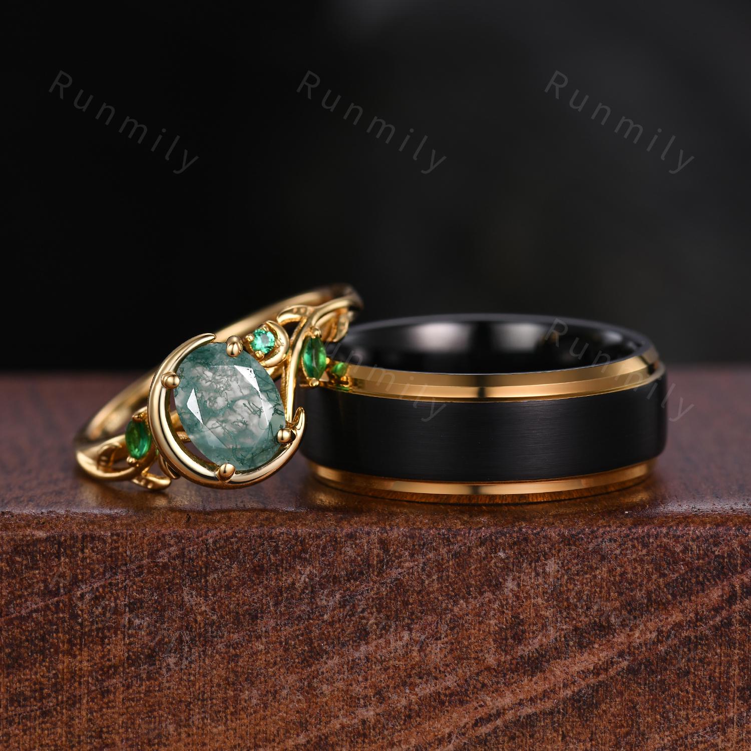 Yellow Gold Couples Ring Set Natural Moss Agate Ring for Women Vintage His and Hers Wedding Band Crescent Moon Ring Mens Black Tungsten Ring