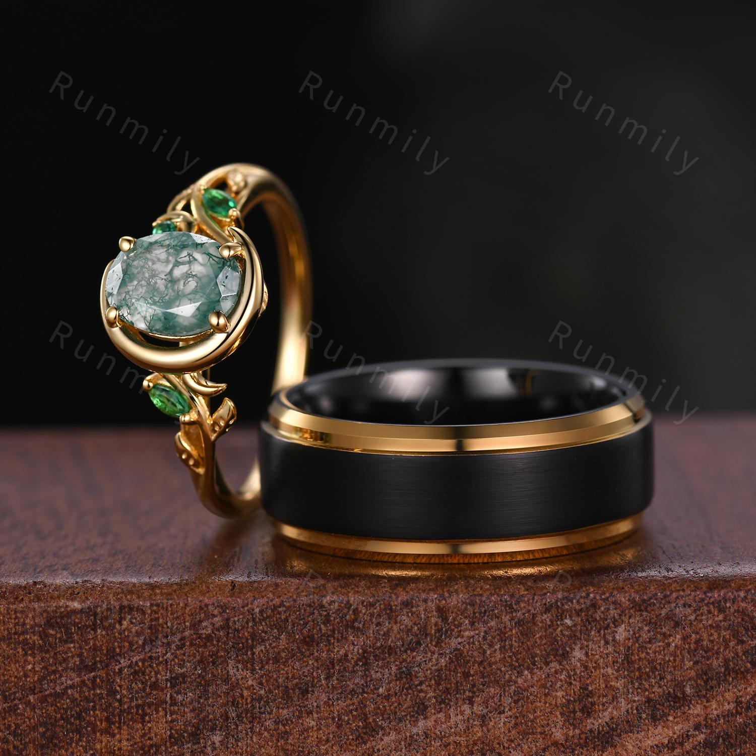 Yellow Gold Couples Ring Set Natural Moss Agate Ring for Women Vintage His and Hers Wedding Band Crescent Moon Ring Mens Black Tungsten Ring