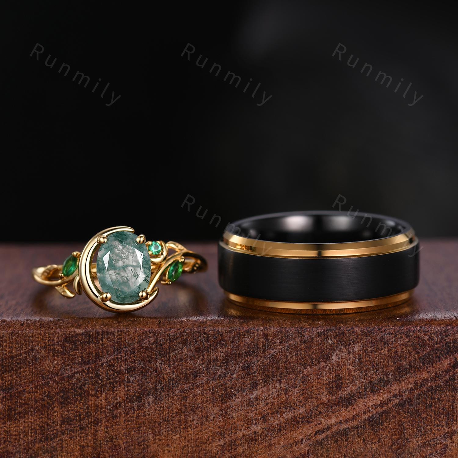 Yellow Gold Couples Ring Set Natural Moss Agate Ring for Women Vintage His and Hers Wedding Band Crescent Moon Ring Mens Black Tungsten Ring