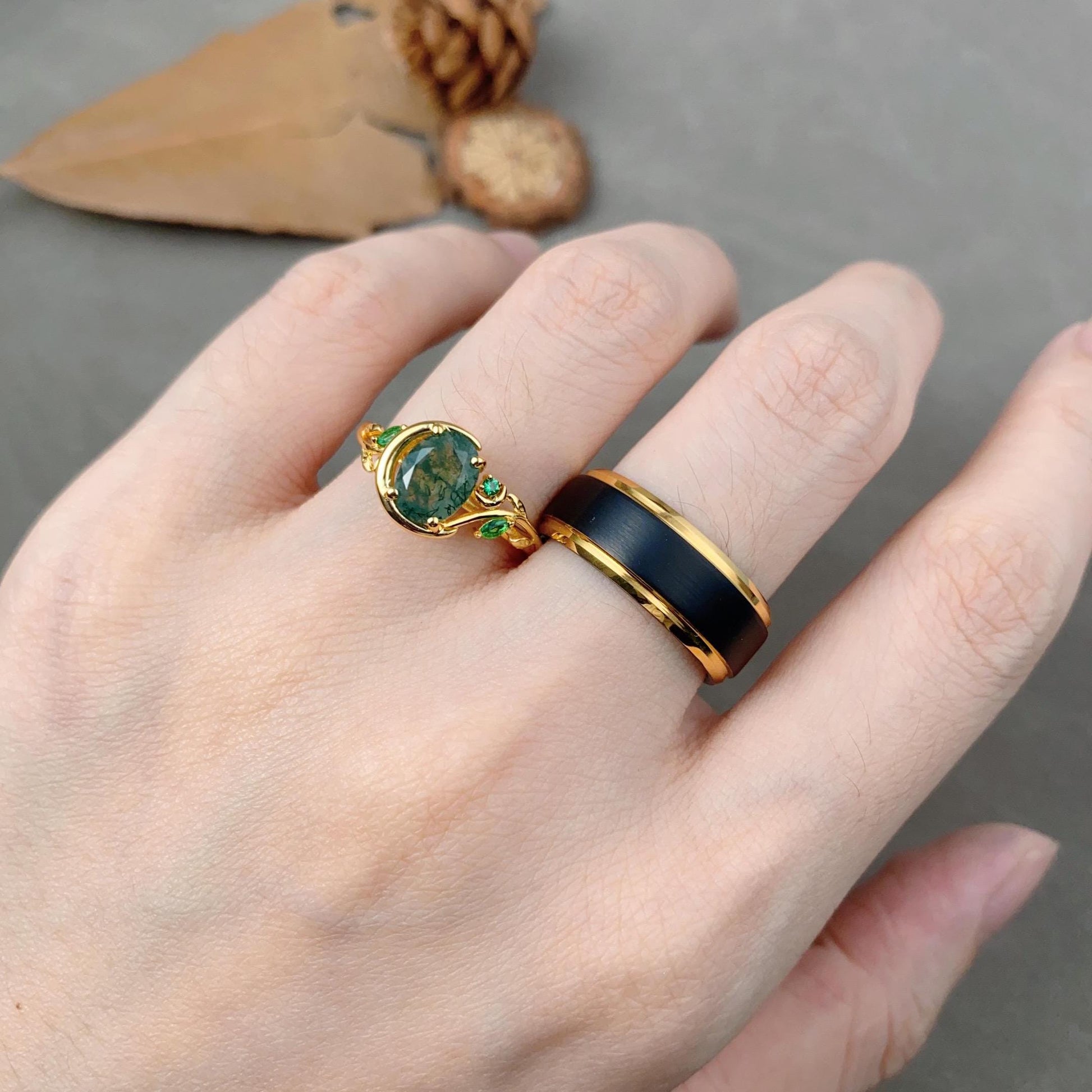 Yellow Gold Couples Ring Set Natural Moss Agate Ring for Women Vintage His and Hers Wedding Band Crescent Moon Ring Mens Black Tungsten Ring