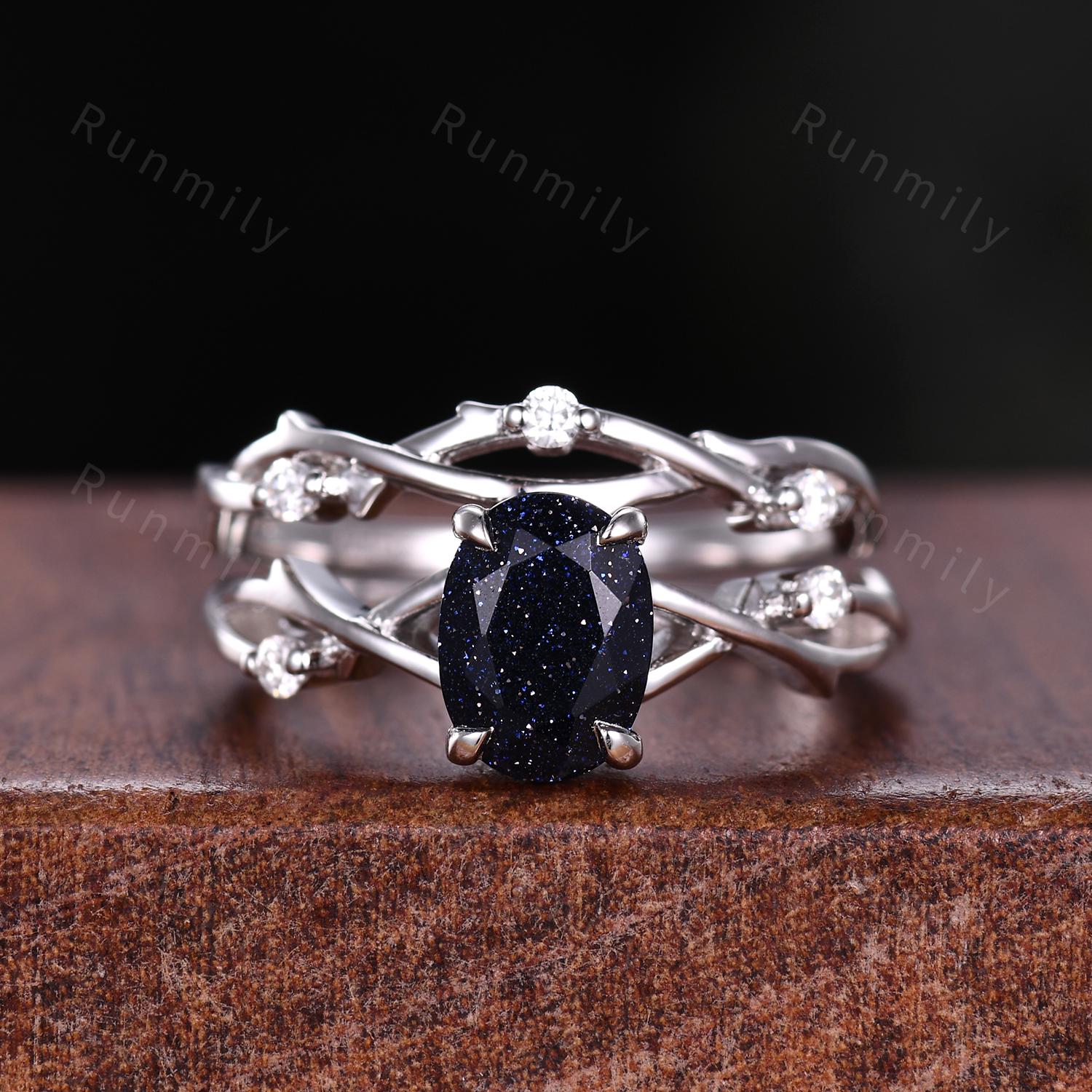 Galaxy Blue Sandstone Couples Ring Set Mens Meteorite Ring Unique His and Hers Wedding Band Art Deco Twig Bridal Set Promise Ring for Couple